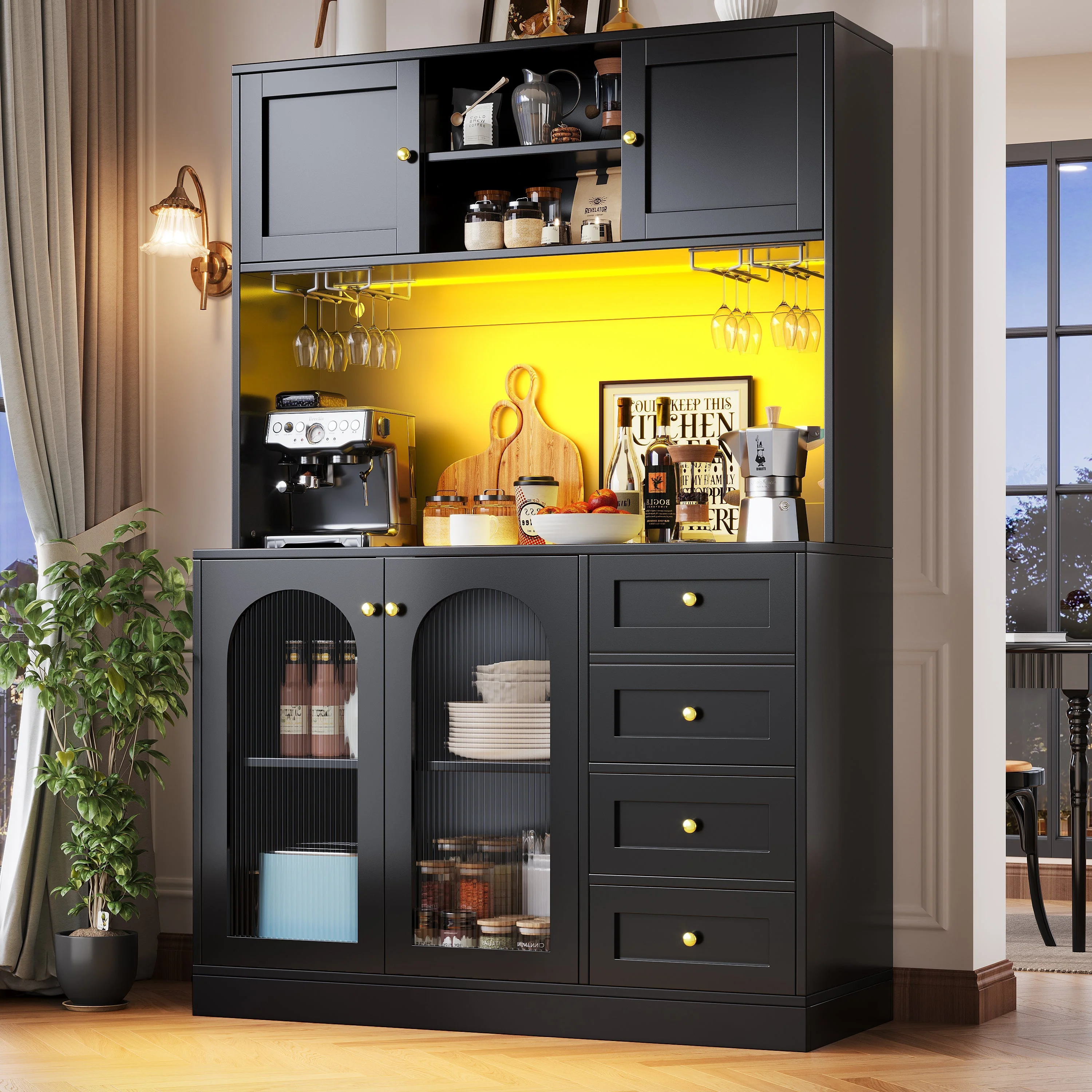 Sideboard Buffet Cabinet with 4 Doors, LED Light and Drink Holders, Black and White - Image 5