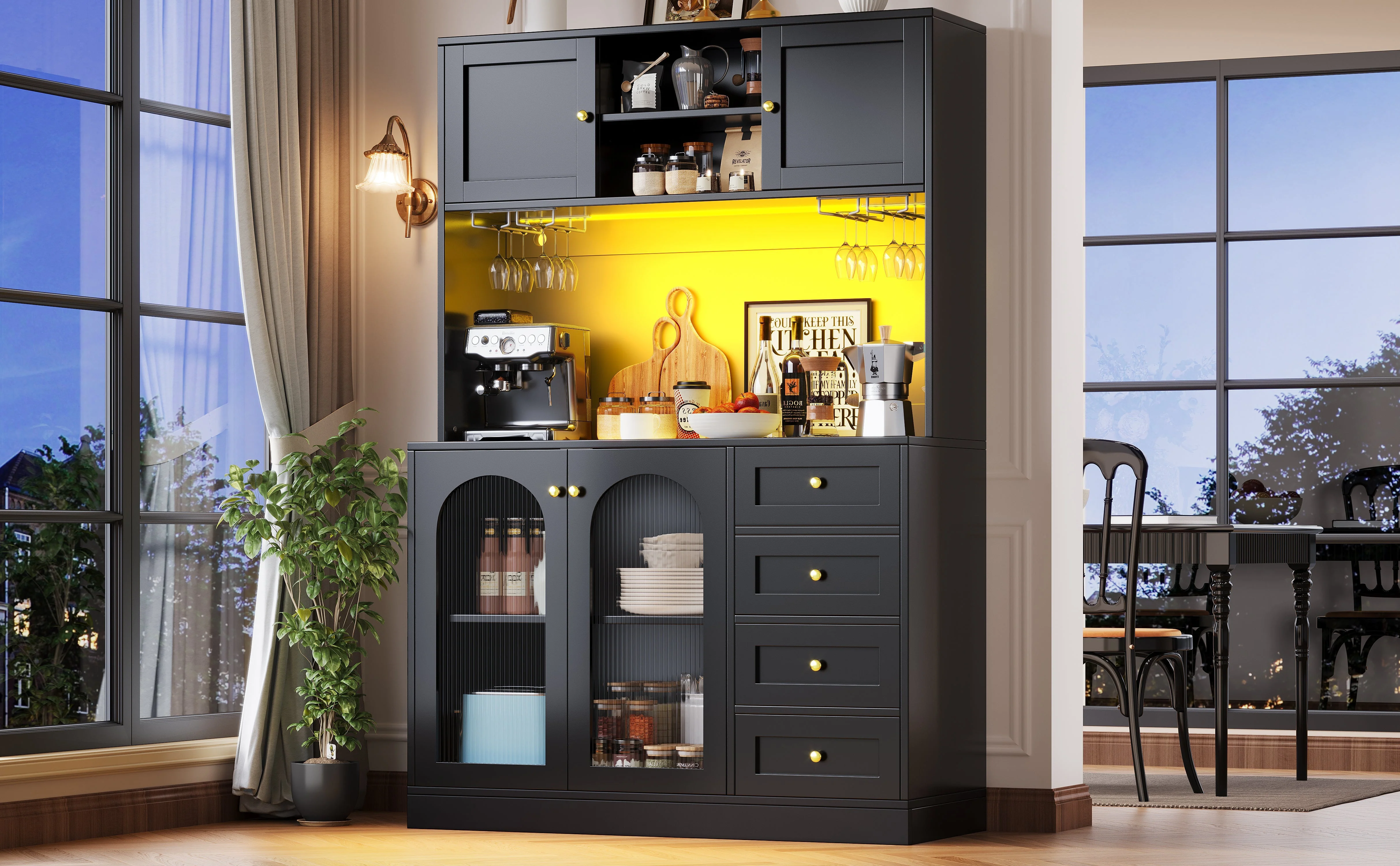 Sideboard Buffet Cabinet with 4 Doors, LED Light and Drink Holders, Black and White - Image 6