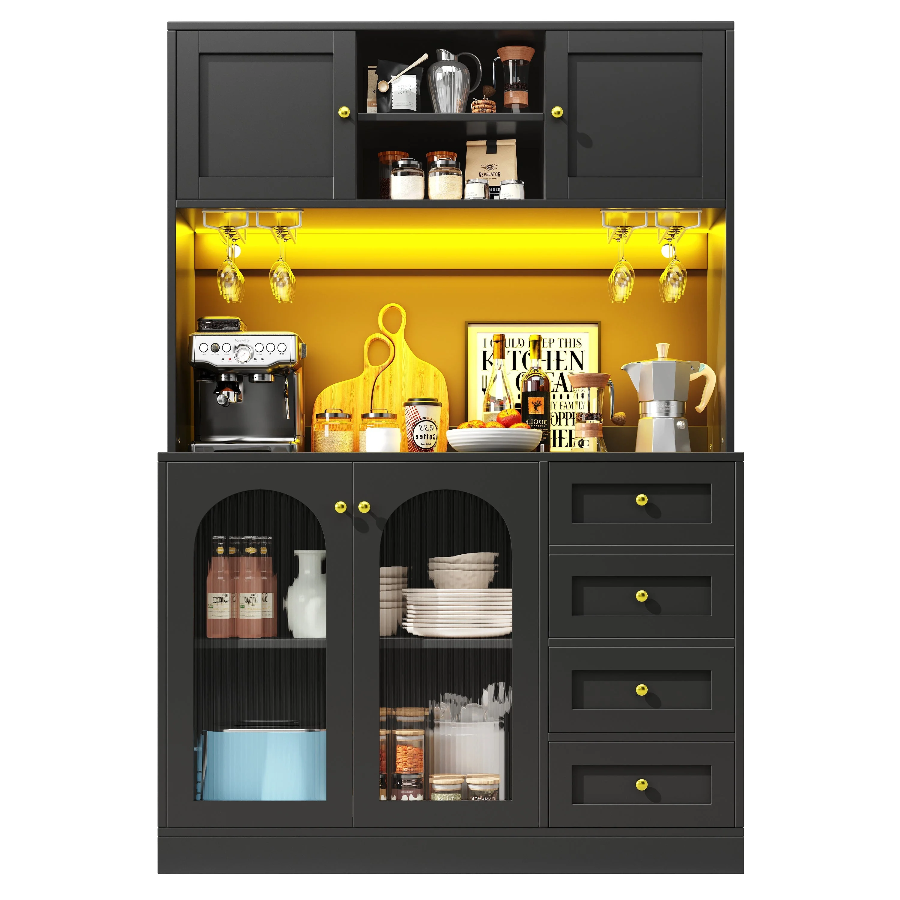 Sideboard Buffet Cabinet with 4 Doors, LED Light and Drink Holders, Black and White - Image 8