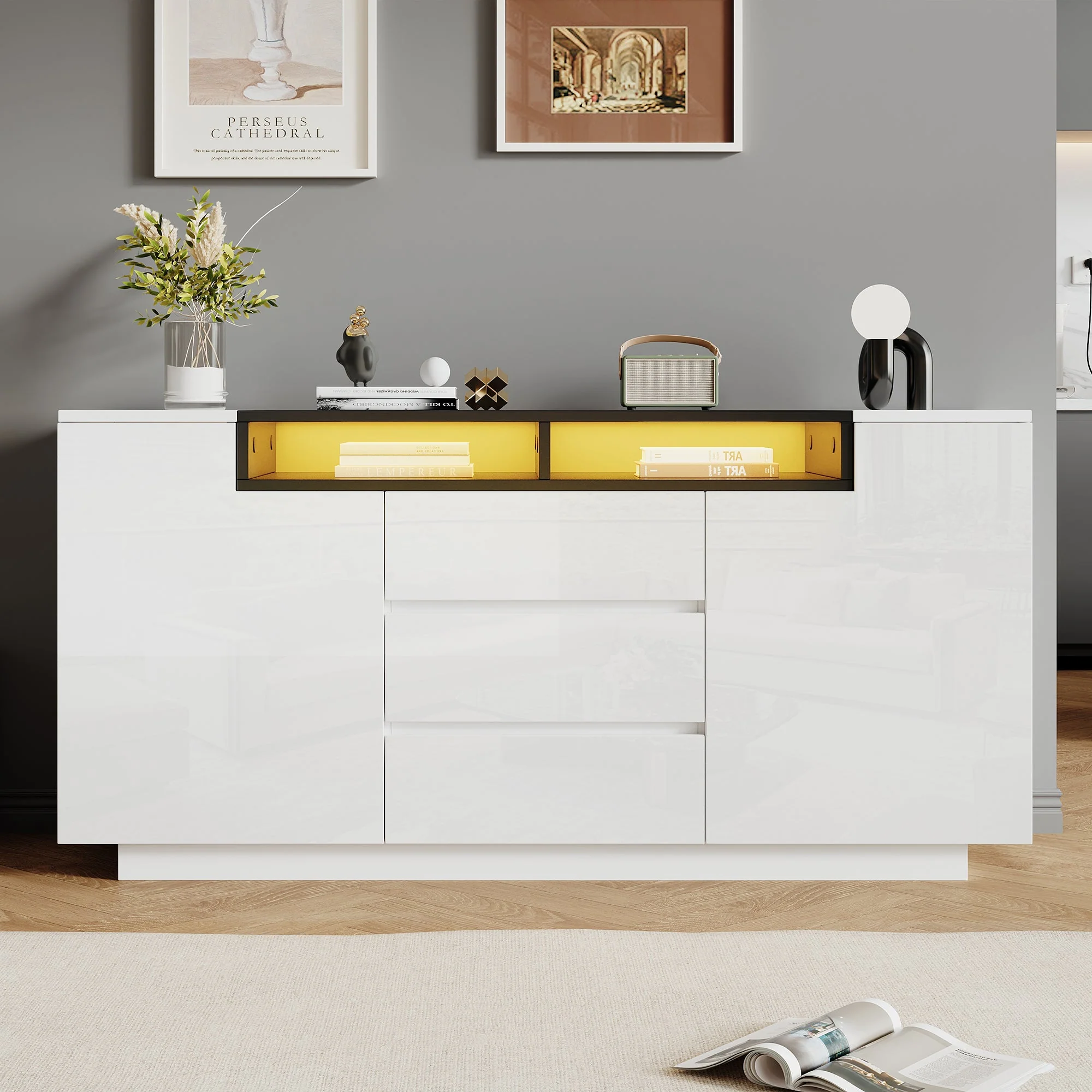 Sideboard Cabinet 140x40x68cm Adjustable Dividers LED Lights 3 Drawers, High-Gloss White/Black - Image 3