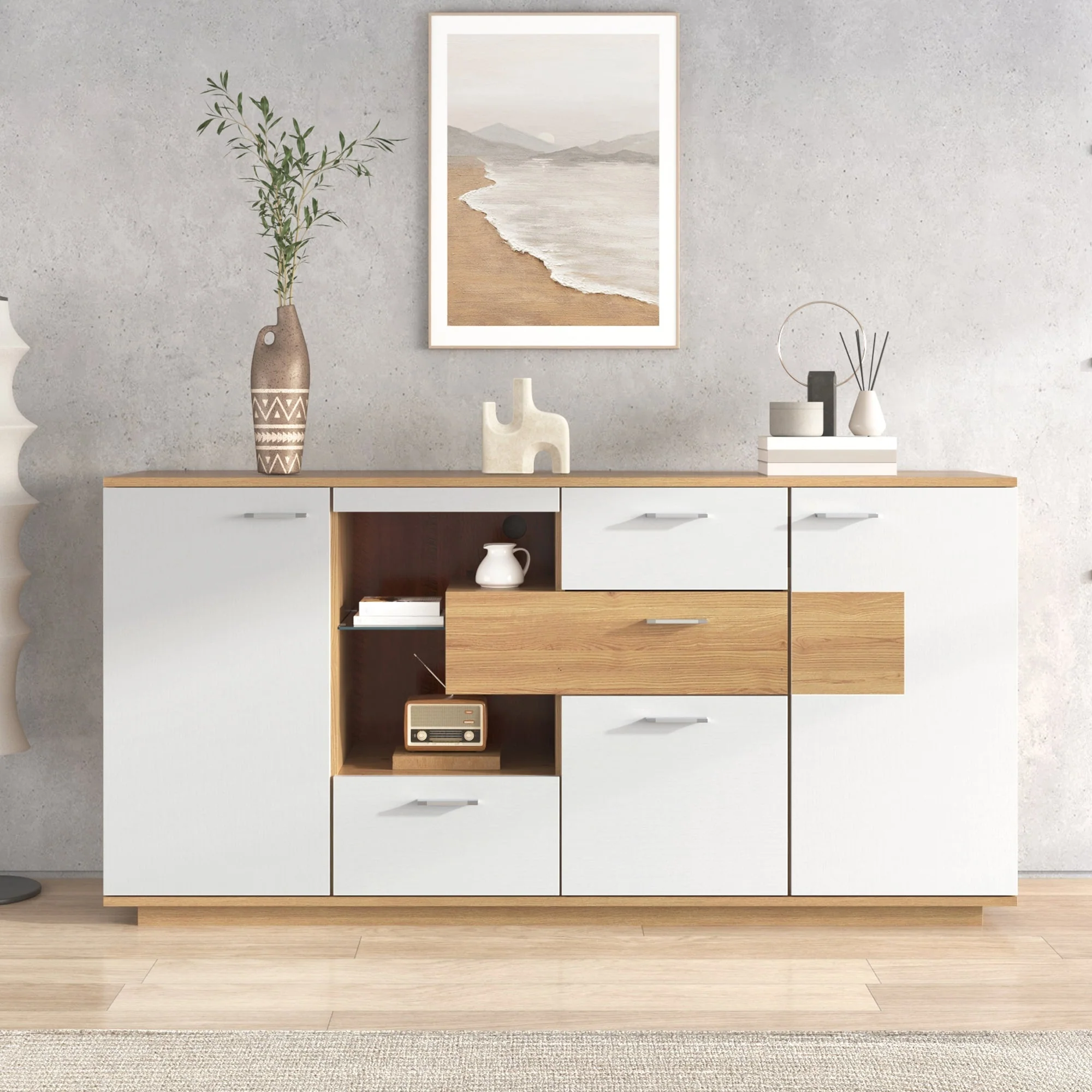 Sideboard Cabinet, 160x40x77cm, LED Lighting, 2 Doors, 4 Drawers, Glass Shelf, White Wood Look - Image 5