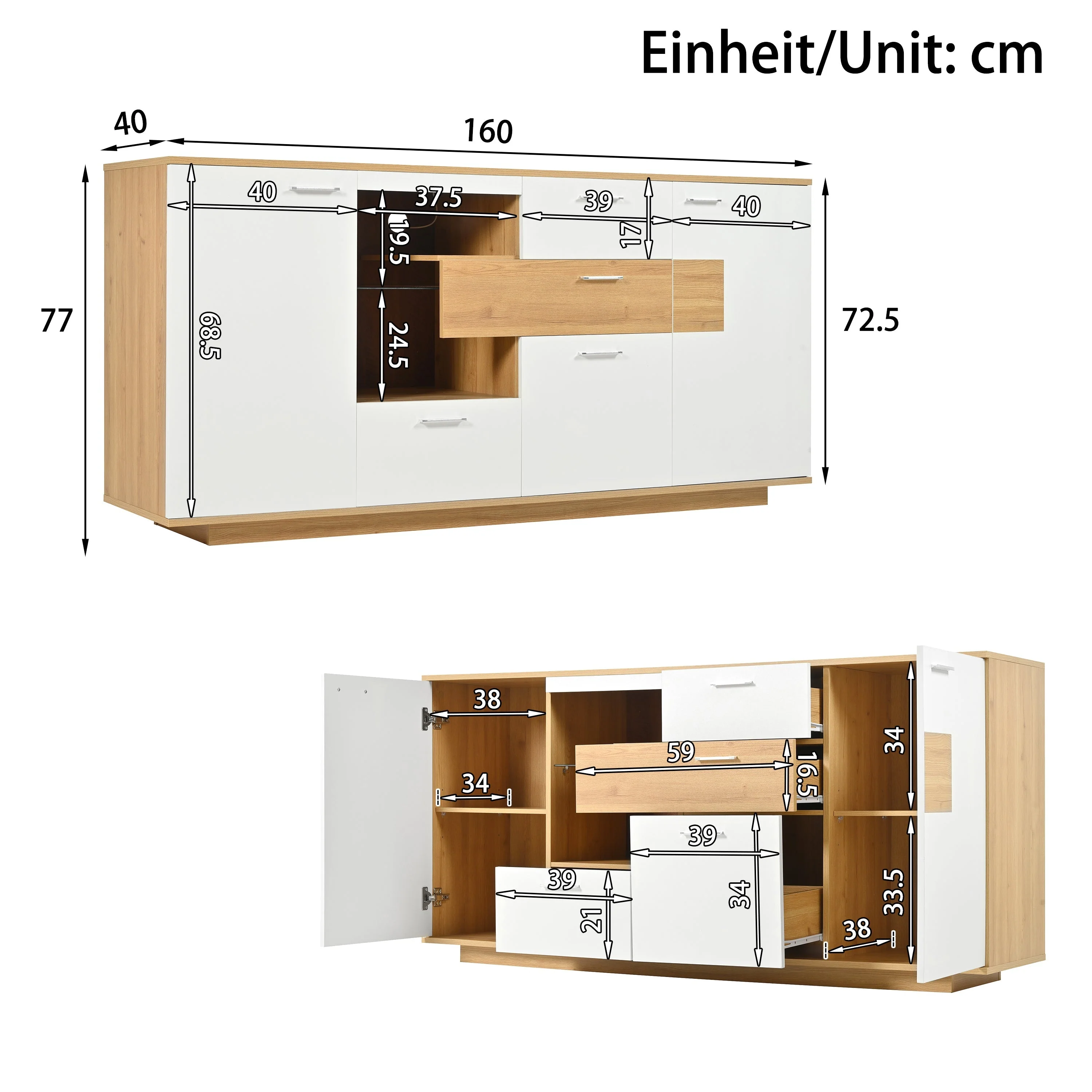 Sideboard Cabinet, 160x40x77cm, LED Lighting, 2 Doors, 4 Drawers, Glass Shelf, White Wood Look - Image 6