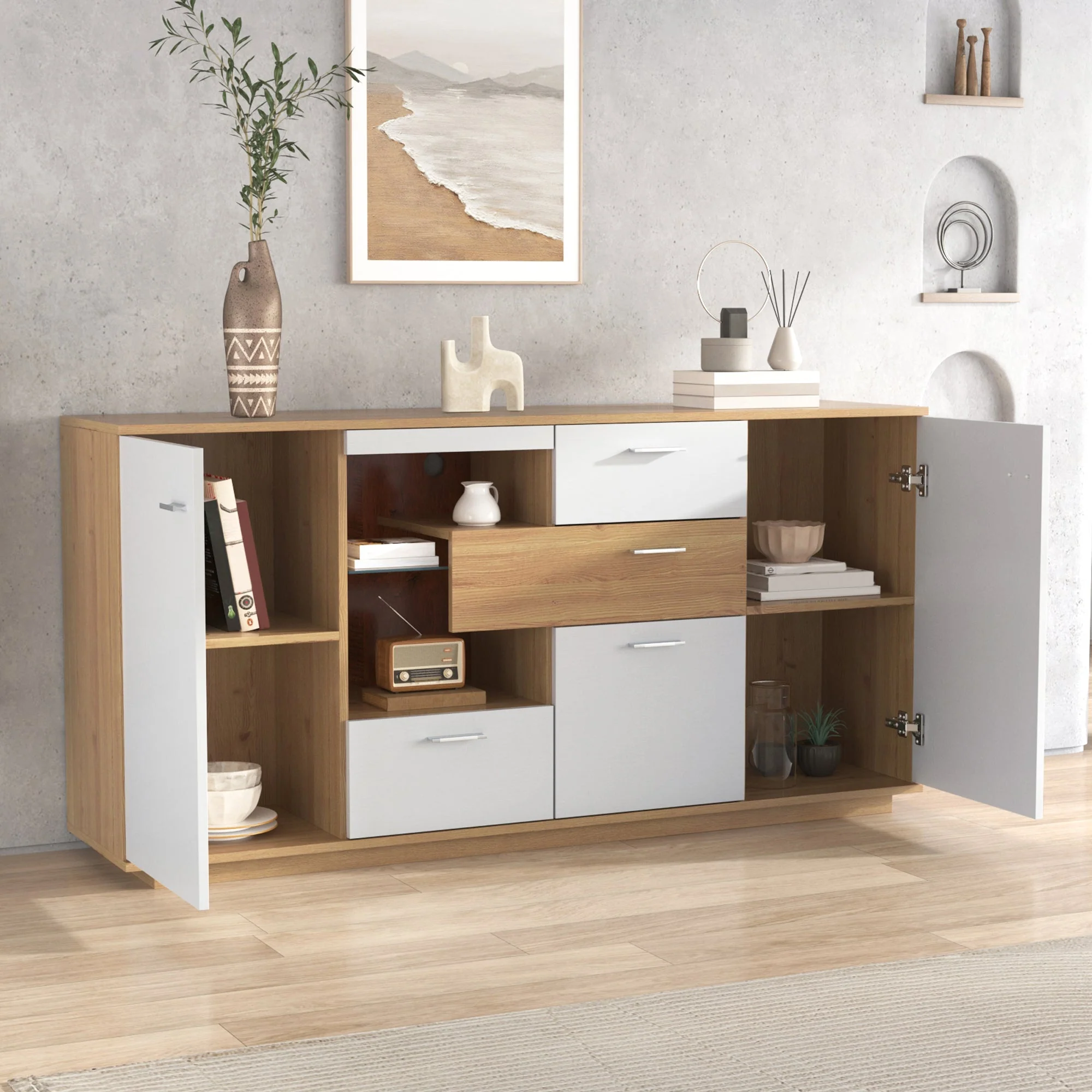 Sideboard Cabinet, 160x40x77cm, LED Lighting, 2 Doors, 4 Drawers, Glass Shelf, White Wood Look - Image 8