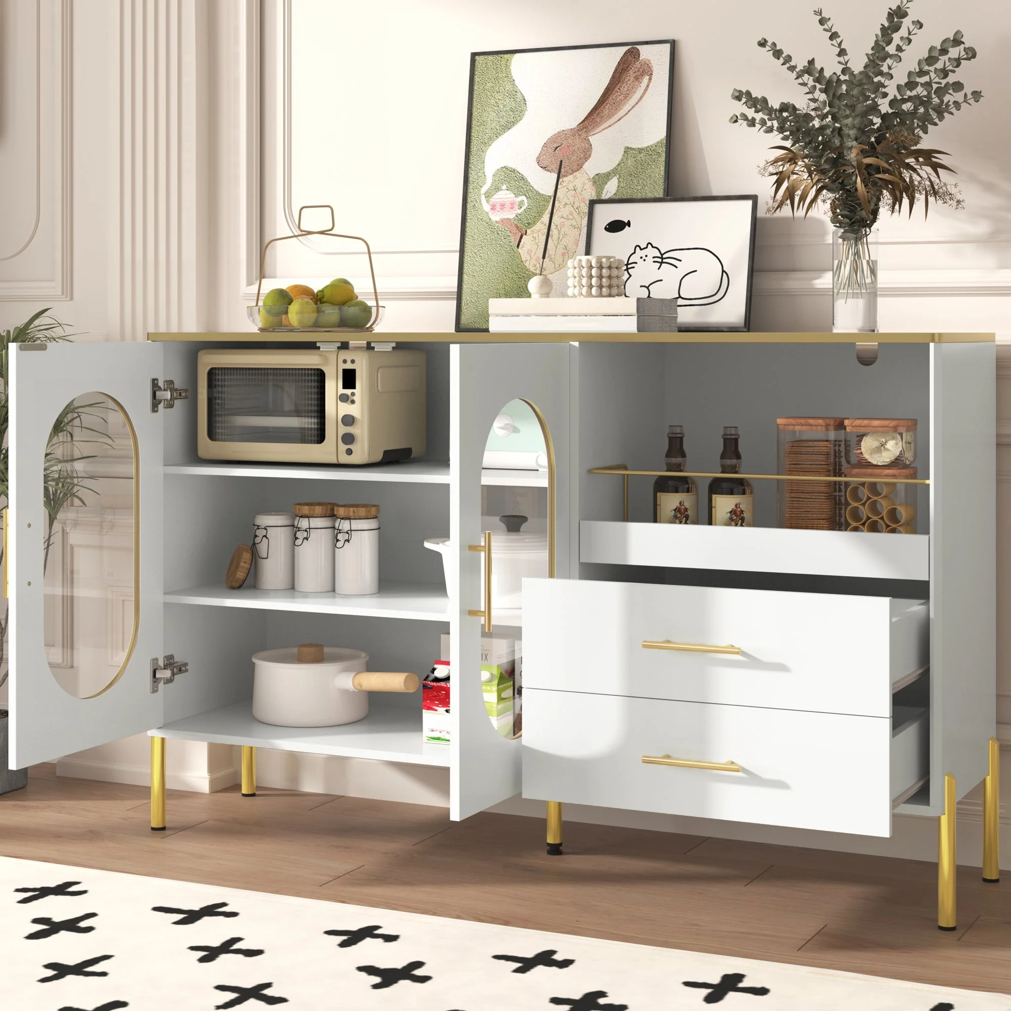 Sideboard Cabinet, 2 Drawers 2 Glass Doors Modern, White Gold Accents - Image 10