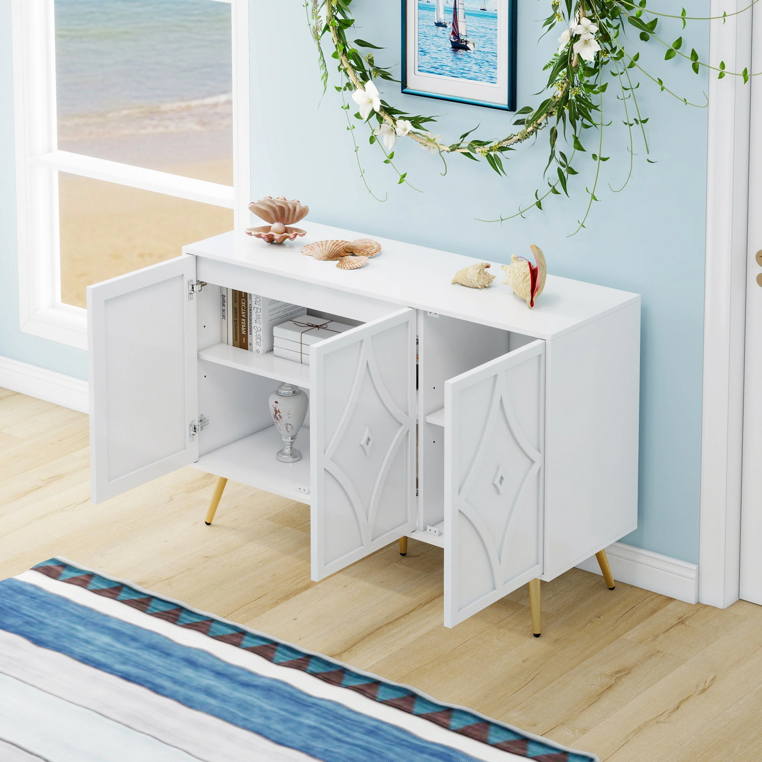 Sideboard Cabinet, 3-Door, 3D Carving, Gold Metal Legs, White - Image 3