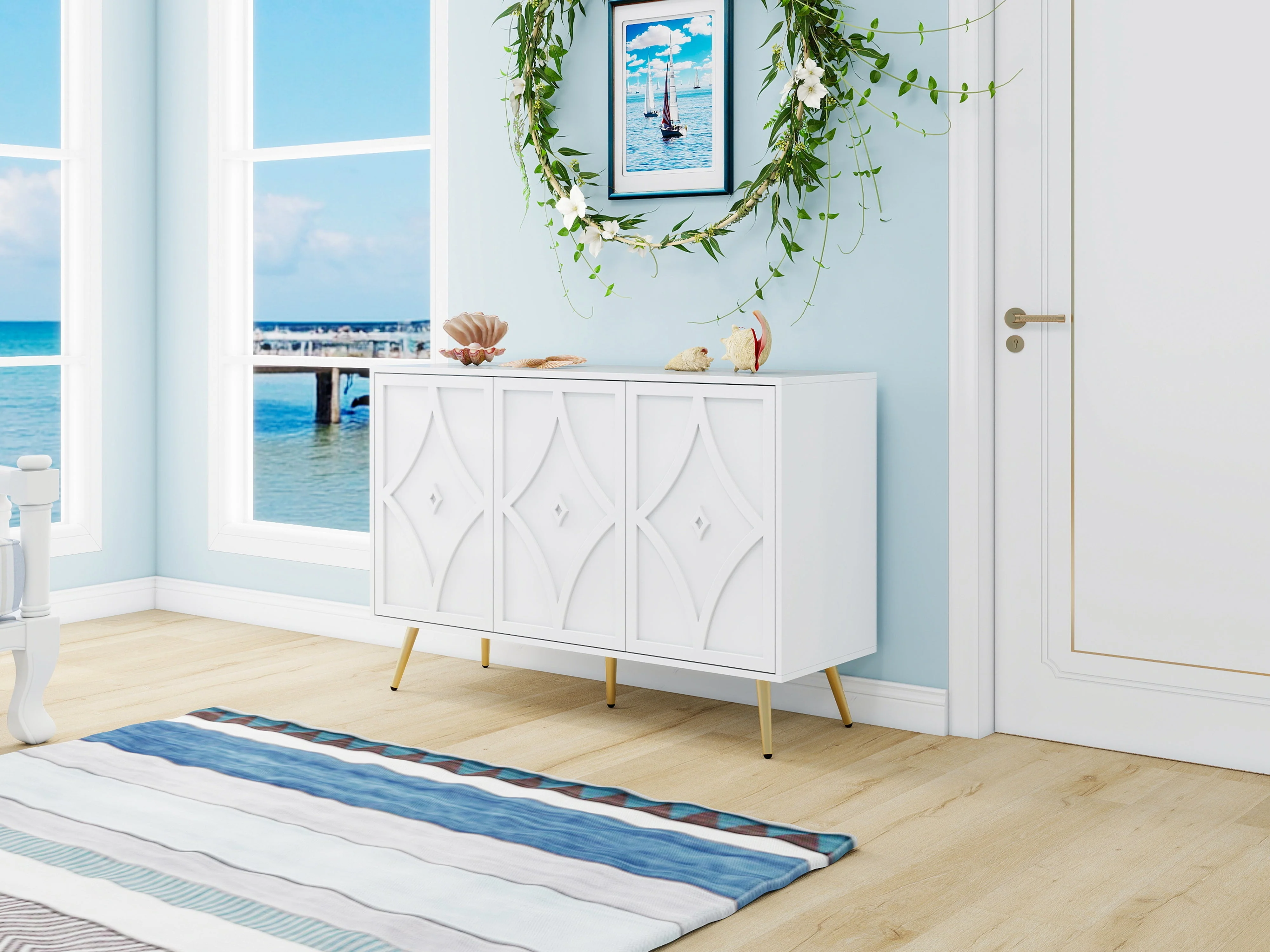 Sideboard Cabinet, 3-Door, 3D Carving, Gold Metal Legs, White - Image 9