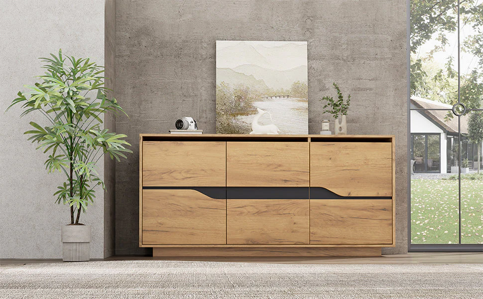 Sideboard Cabinet 3 Doors Adjustable Dividers Handleless 140x40x70cm Wood Color + Black - Image 6