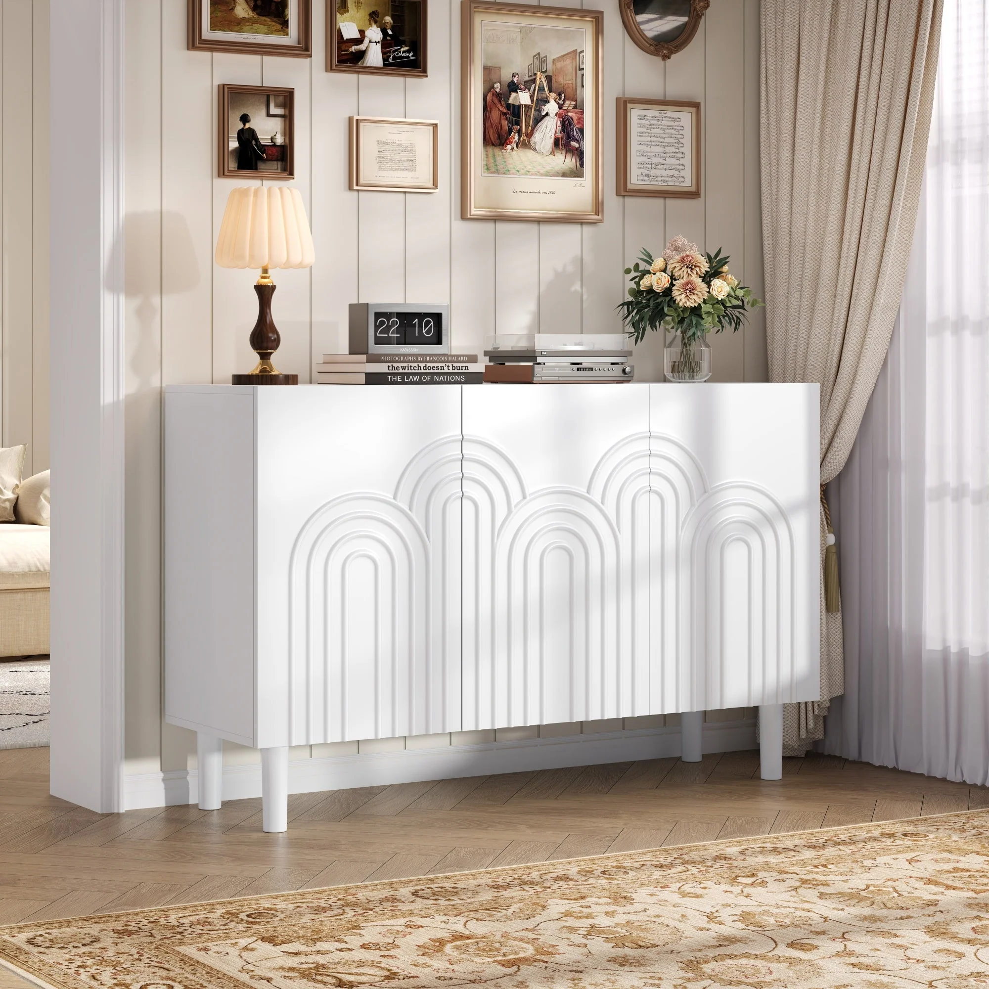 Sideboard Cabinet, 3 Doors Large Storage Adjustable Divider, White MDF - Image 4