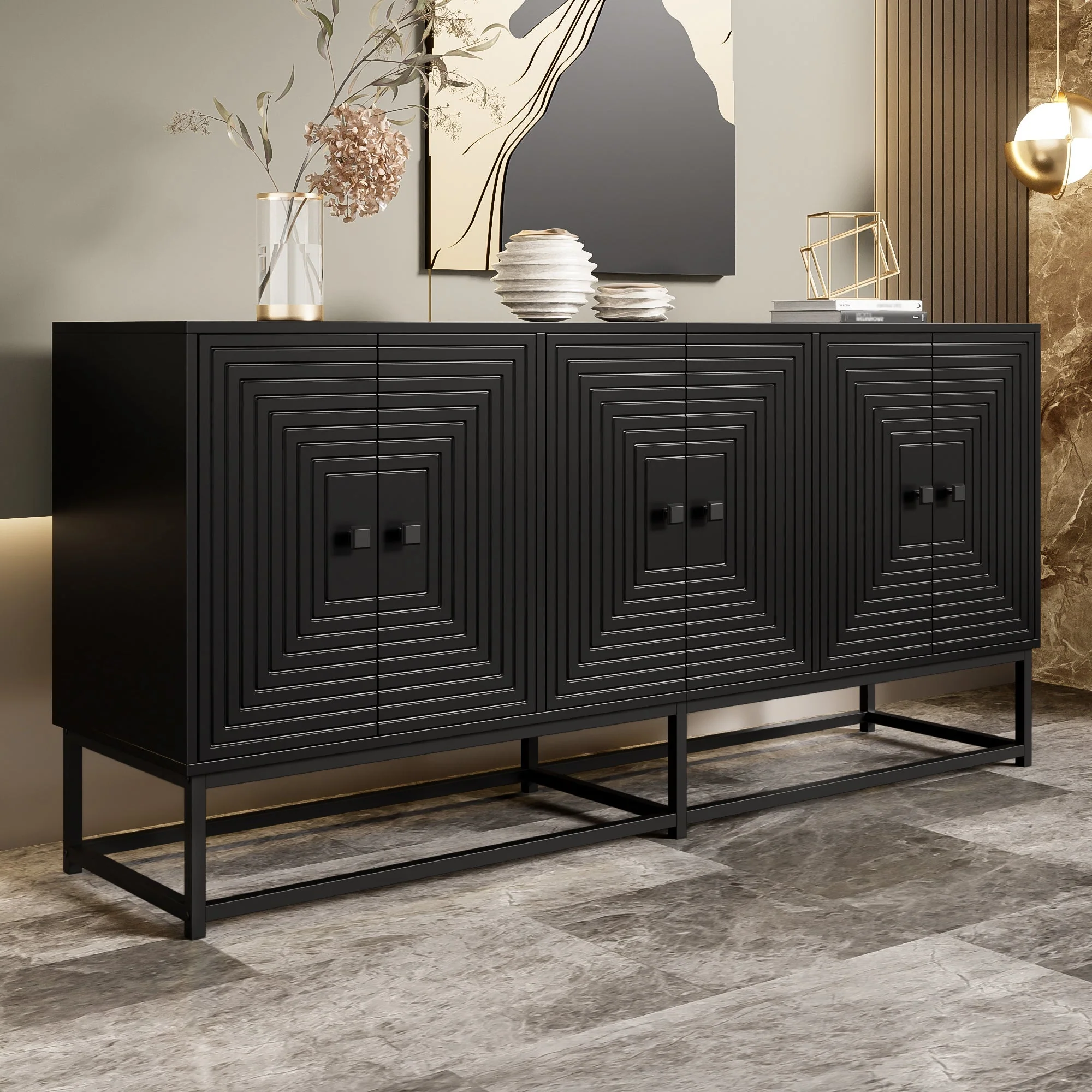 Sideboard Cabinet 3 Double Doors Large Storage Matte Finish - Black