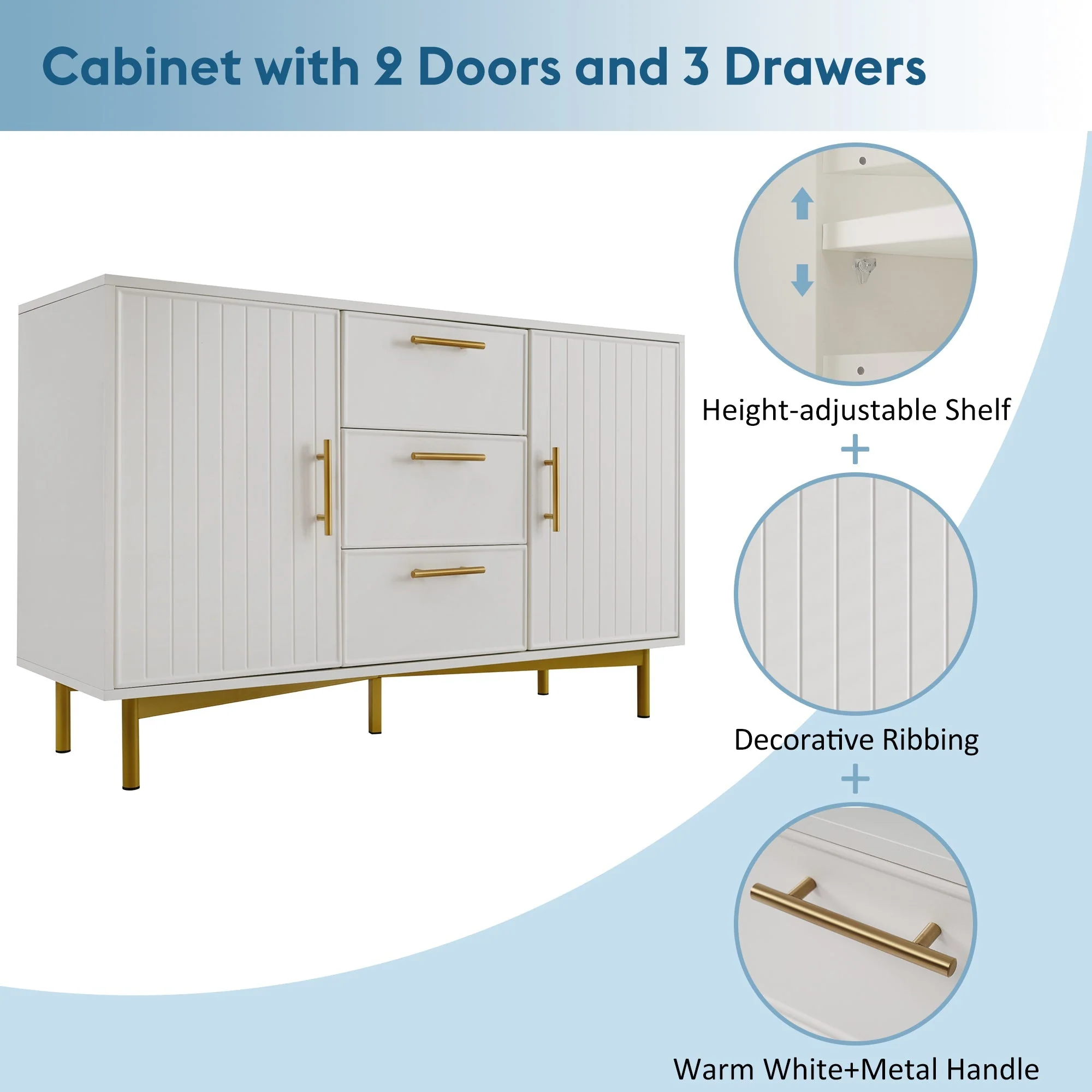 Sideboard Cabinet for Living Room, Chest of Drawers with 2 Doors & 3 Drawers, Adjustable Shelf, White - Image 3