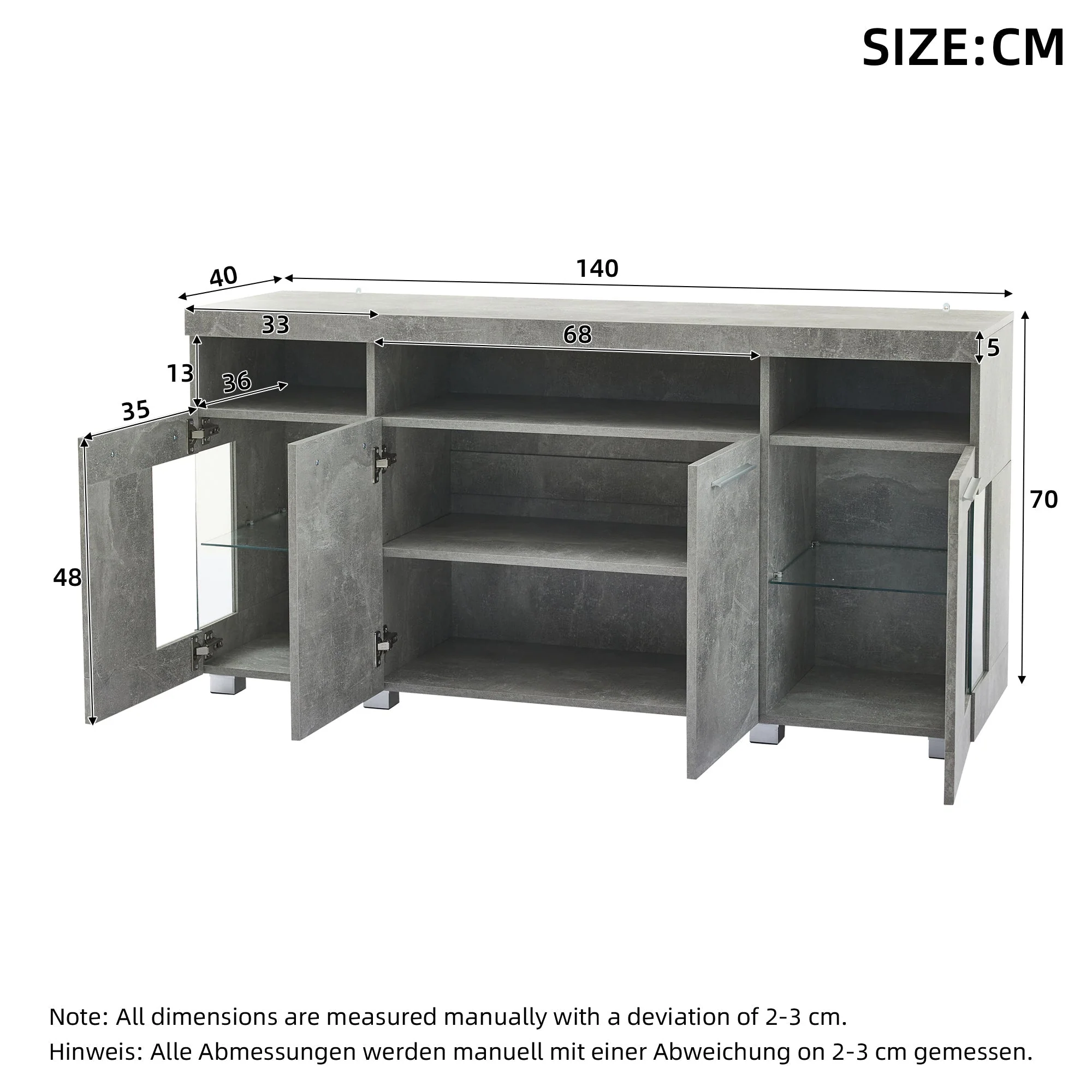 Sideboard Cabinet High-Gloss LED Light Tempered Glass 3 Compartments, Cement-colored - Image 7