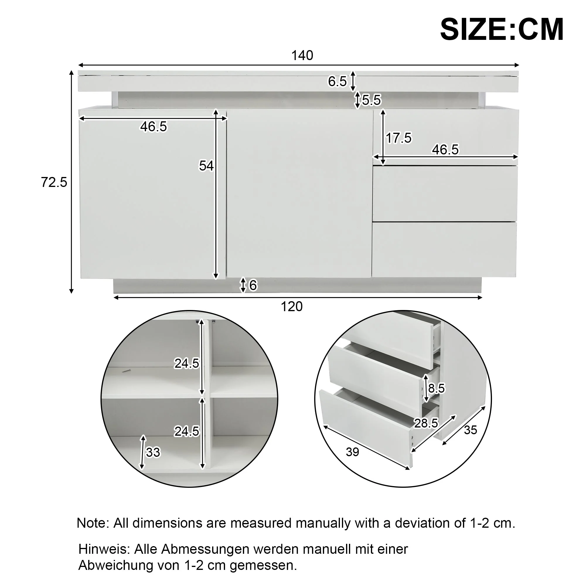 Sideboard Cabinet Modern Living Room with LED Light, 2 Doors 3 Drawers, High Gloss White - Image 9