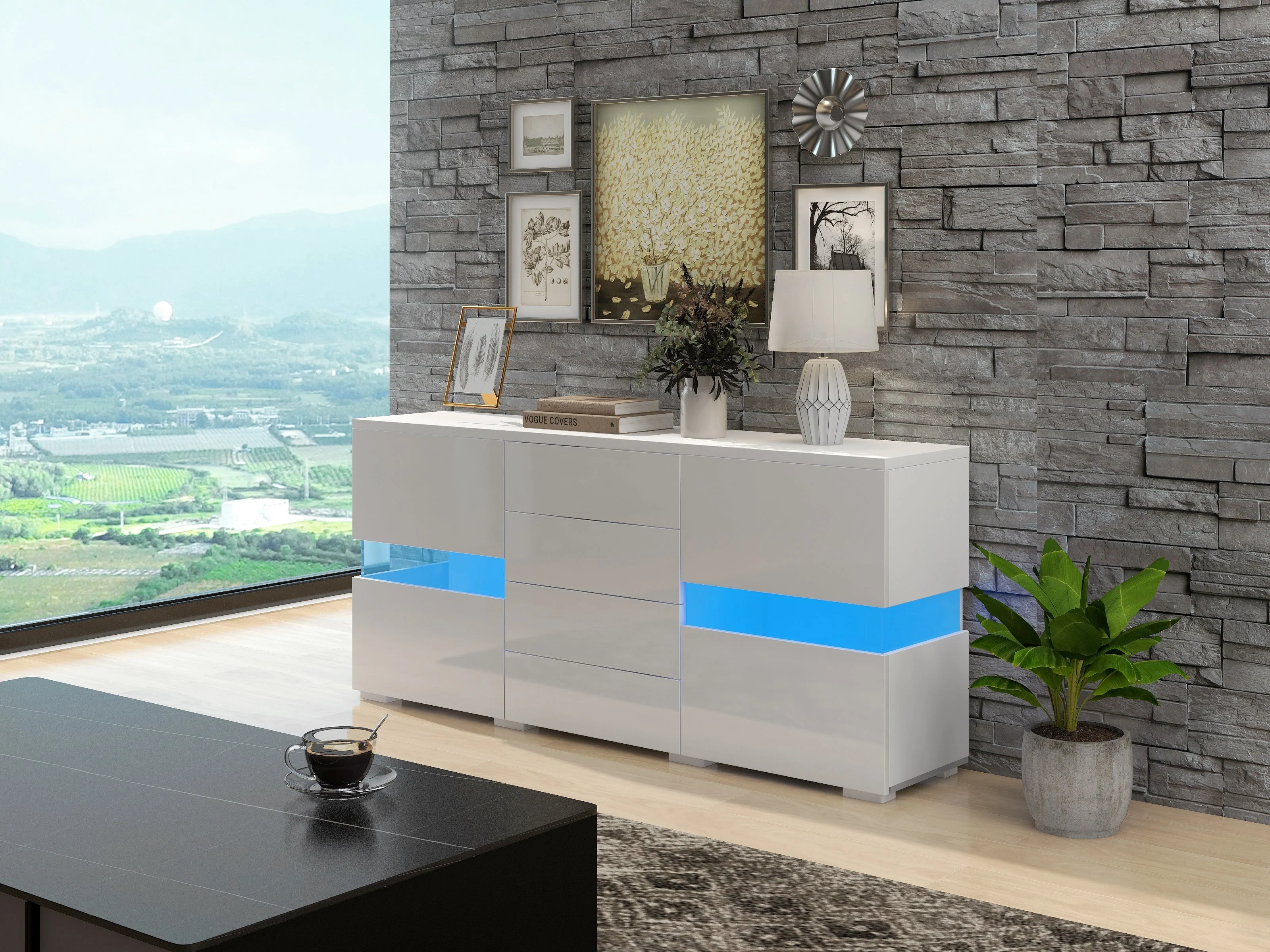 Sideboard Cabinet Storage Cupboard Unit with LED Lights for Dining Room Living Room, Matt & High Gloss White - Image 2