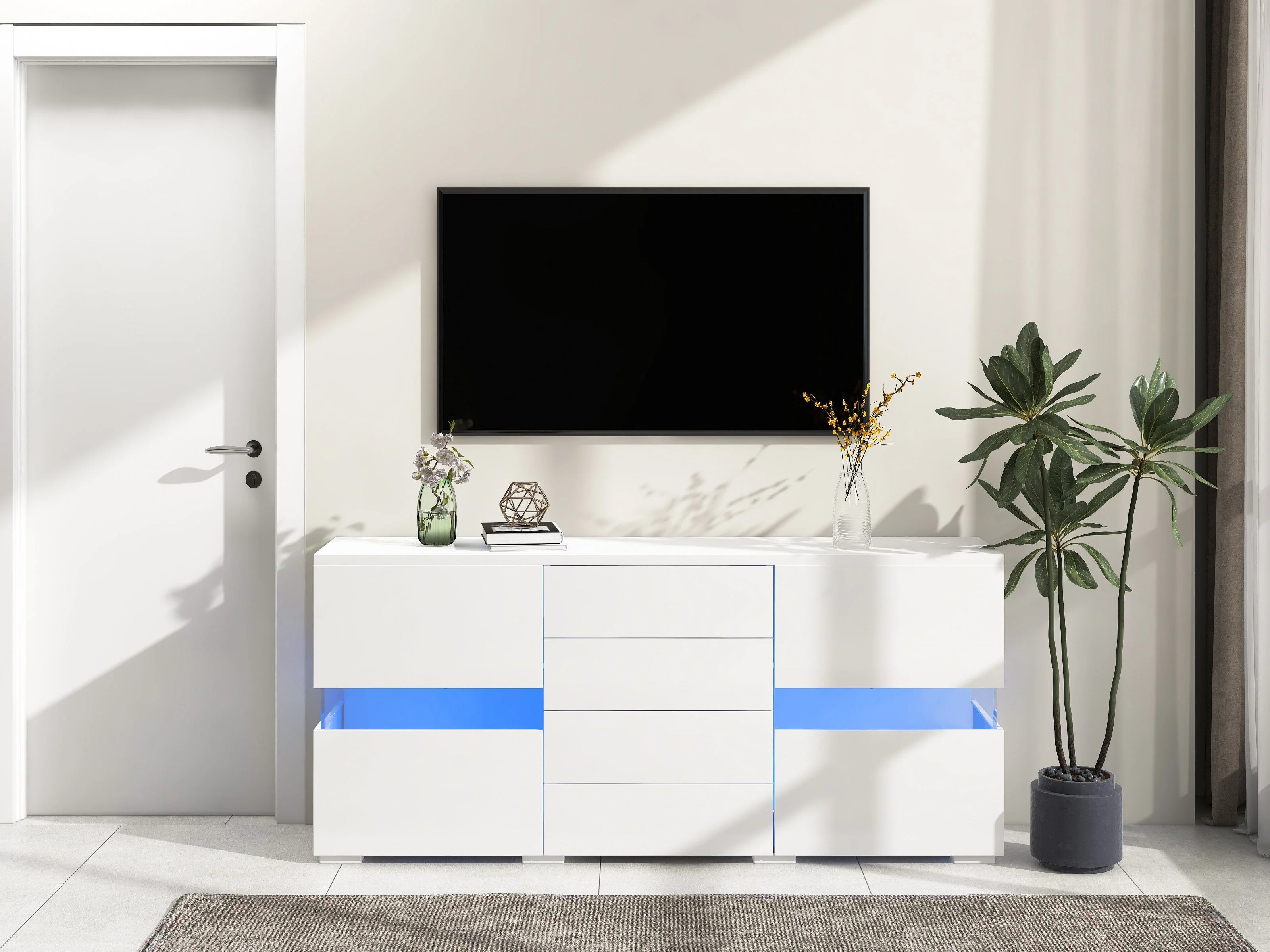 Sideboard Cabinet Storage Cupboard Unit with LED Lights for Dining Room Living Room, Matt & High Gloss White - Image 5