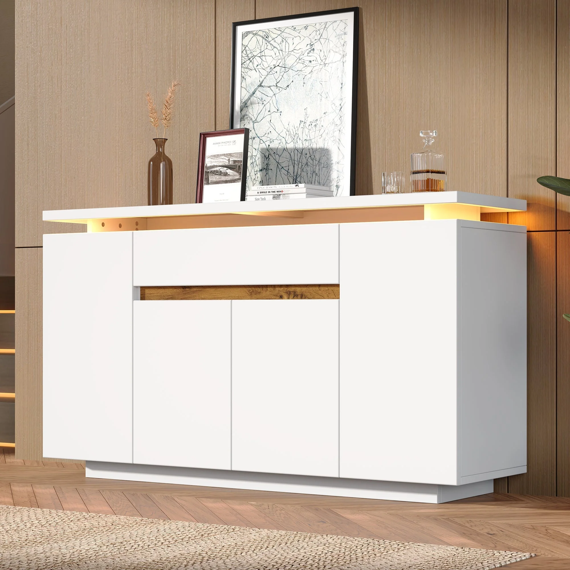 Sideboard Chest of Drawers LED Lighting 1 Drawer 4 Door Storage White - Image 4