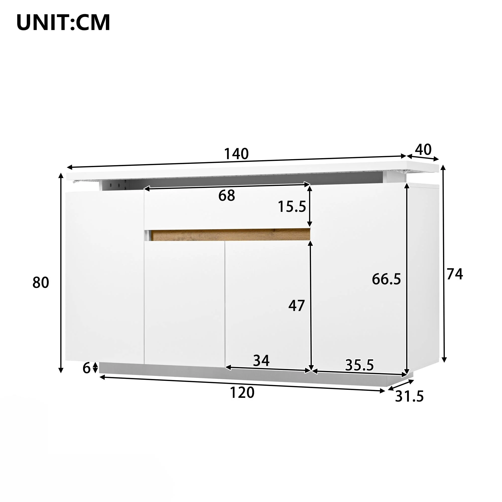 Sideboard Chest of Drawers LED Lighting 1 Drawer 4 Door Storage White - Image 7