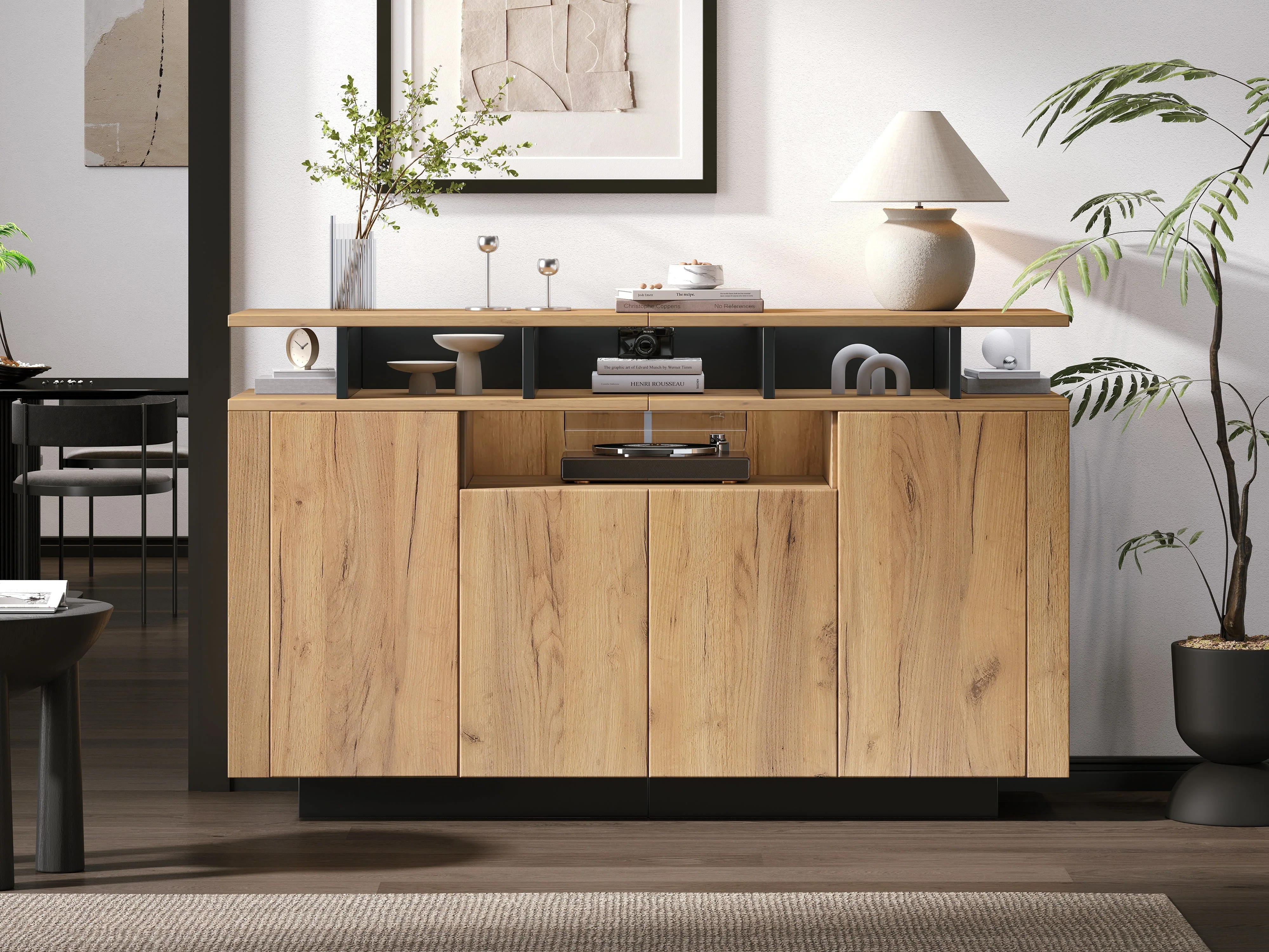 Sideboard Chest of Drawers with 4 Doors and 3 Open Compartments, Natural - Image 10