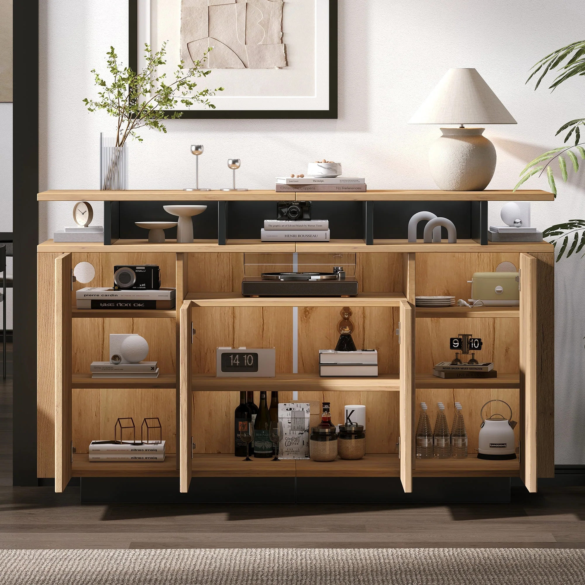 Sideboard Chest of Drawers with 4 Doors and 3 Open Compartments, Natural - Image 3
