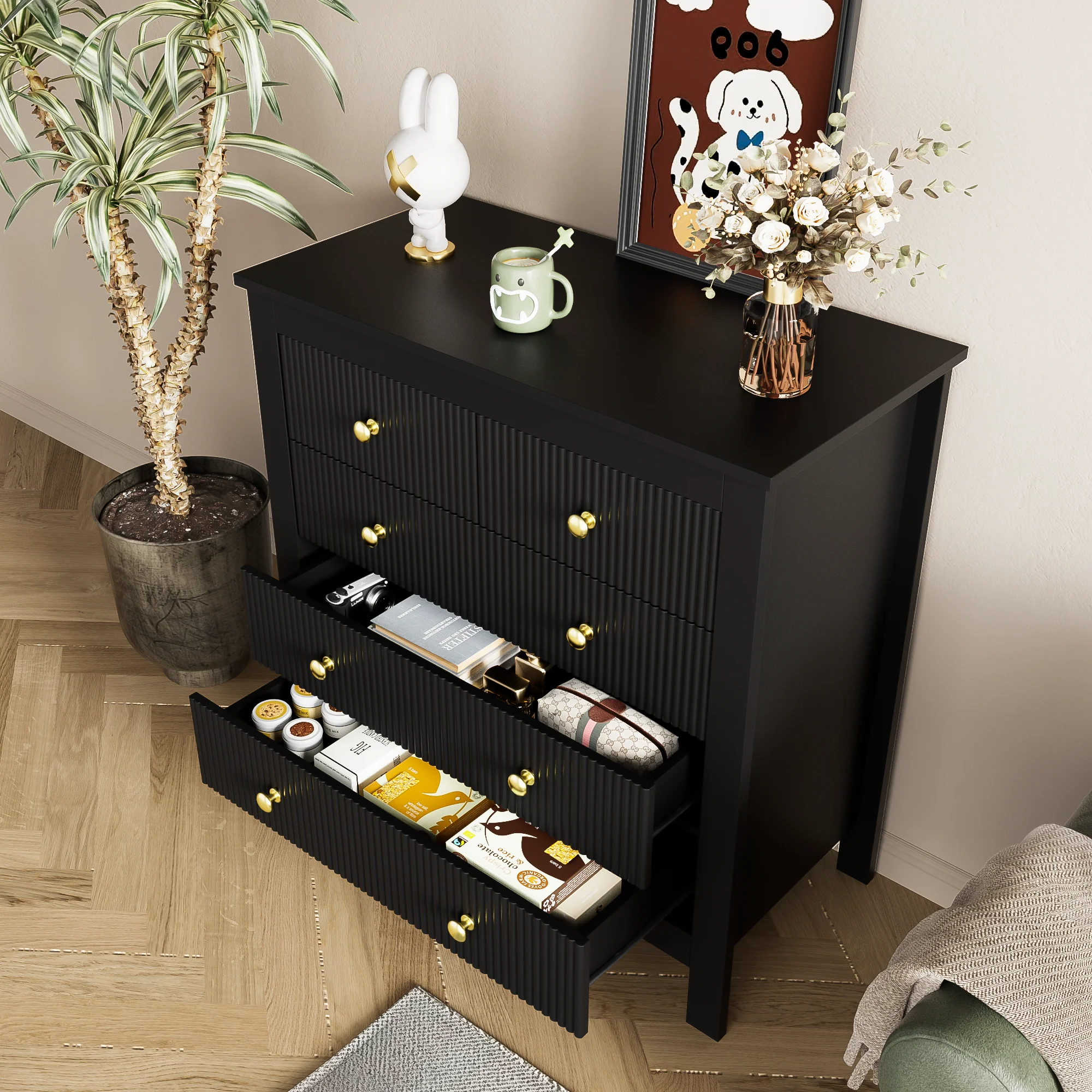 Sideboard, chest of drawers with special doors, gold handles - Image 20
