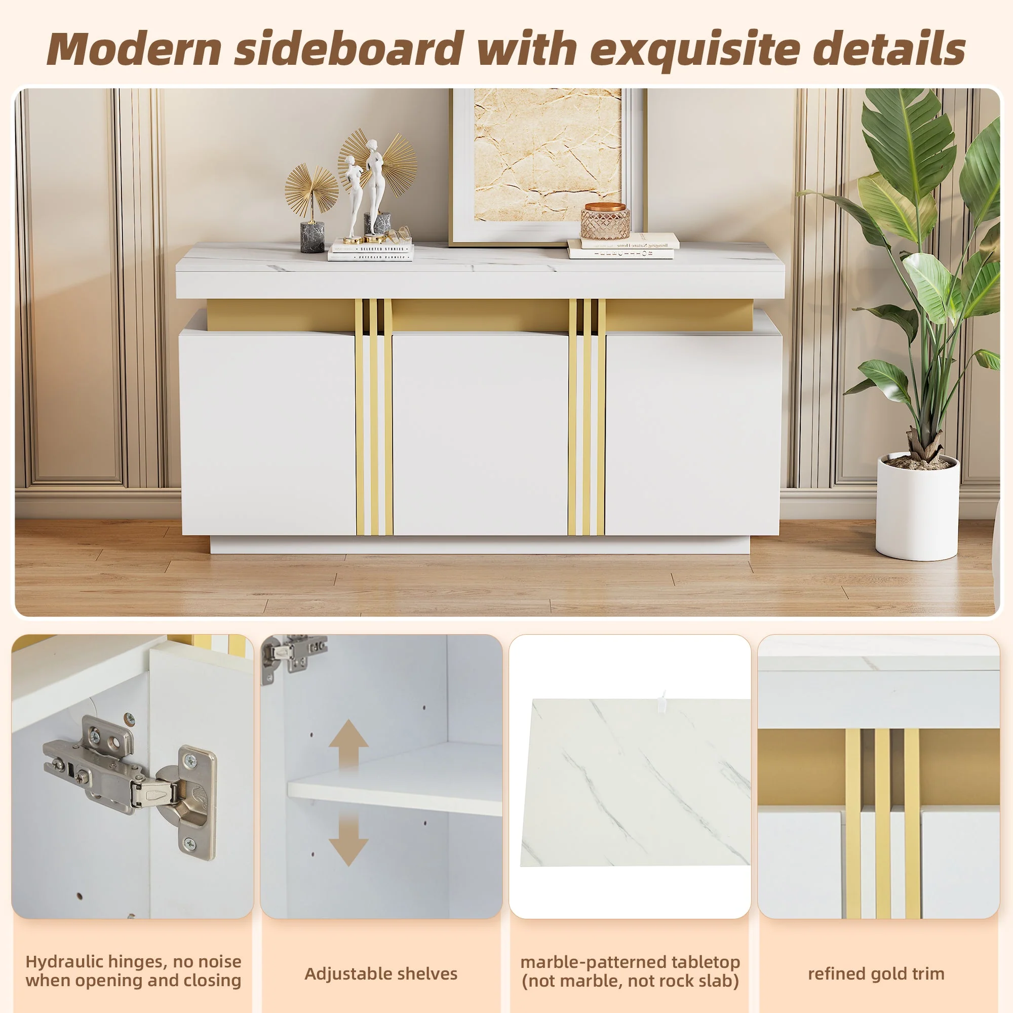 Sideboard Display, 3-Door Dining Room Cabinet with Adjustable Dividers, Modern White - Image 2