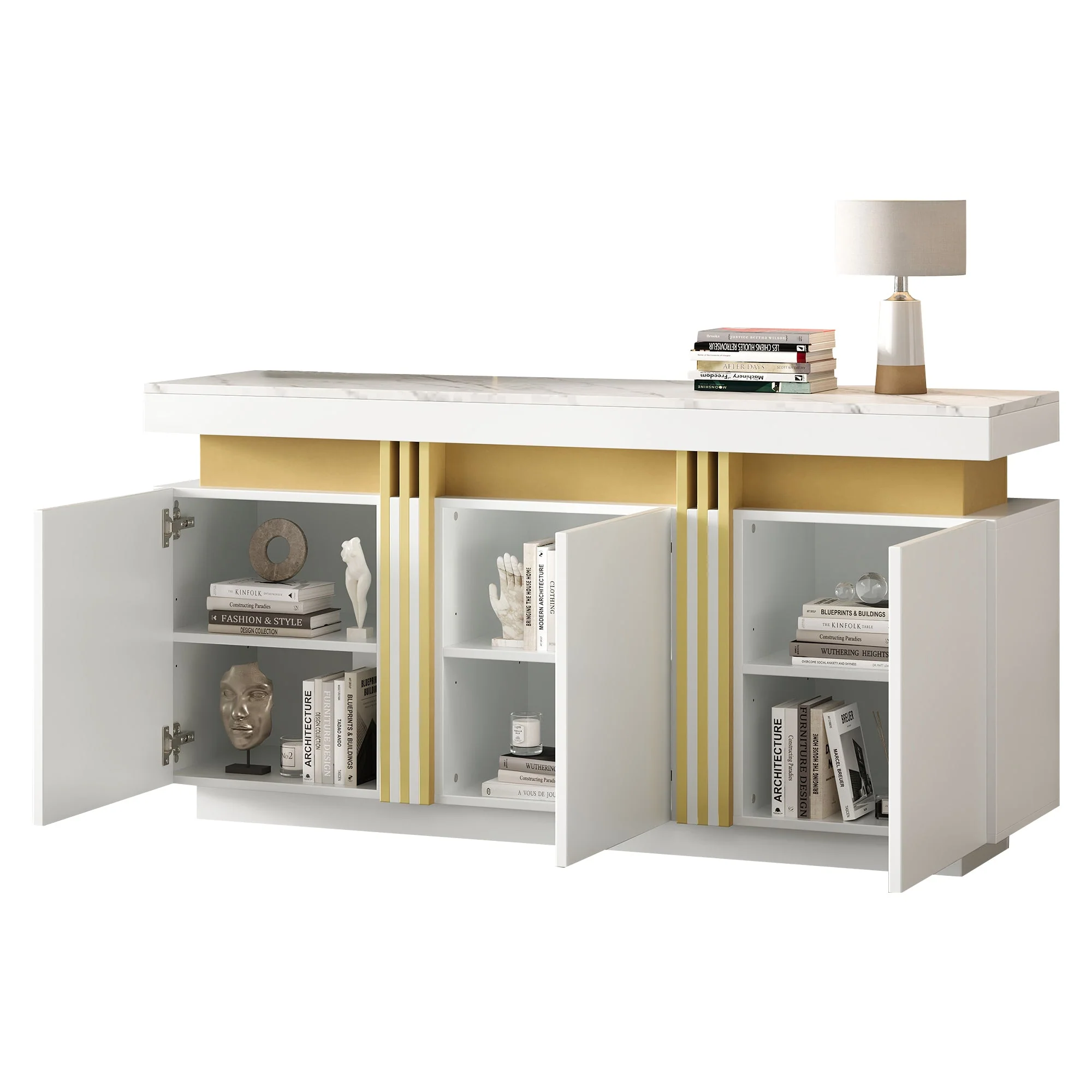 Sideboard Display, 3-Door Dining Room Cabinet with Adjustable Dividers, Modern White - Image 5