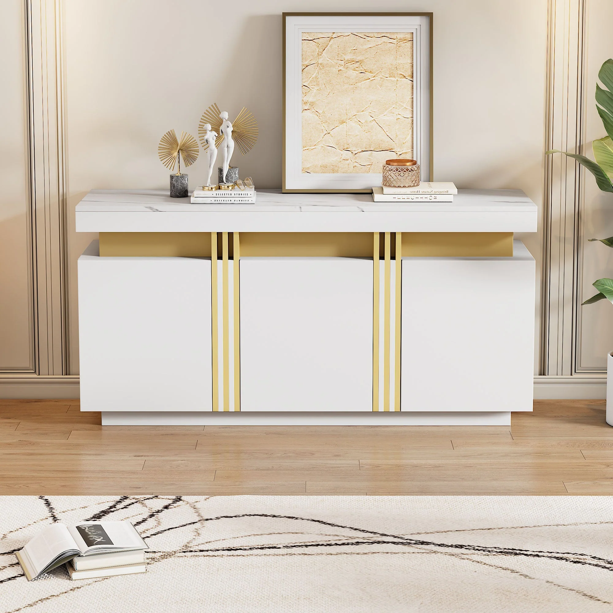 Sideboard Display, 3-Door Dining Room Cabinet with Adjustable Dividers, Modern White - Image 7