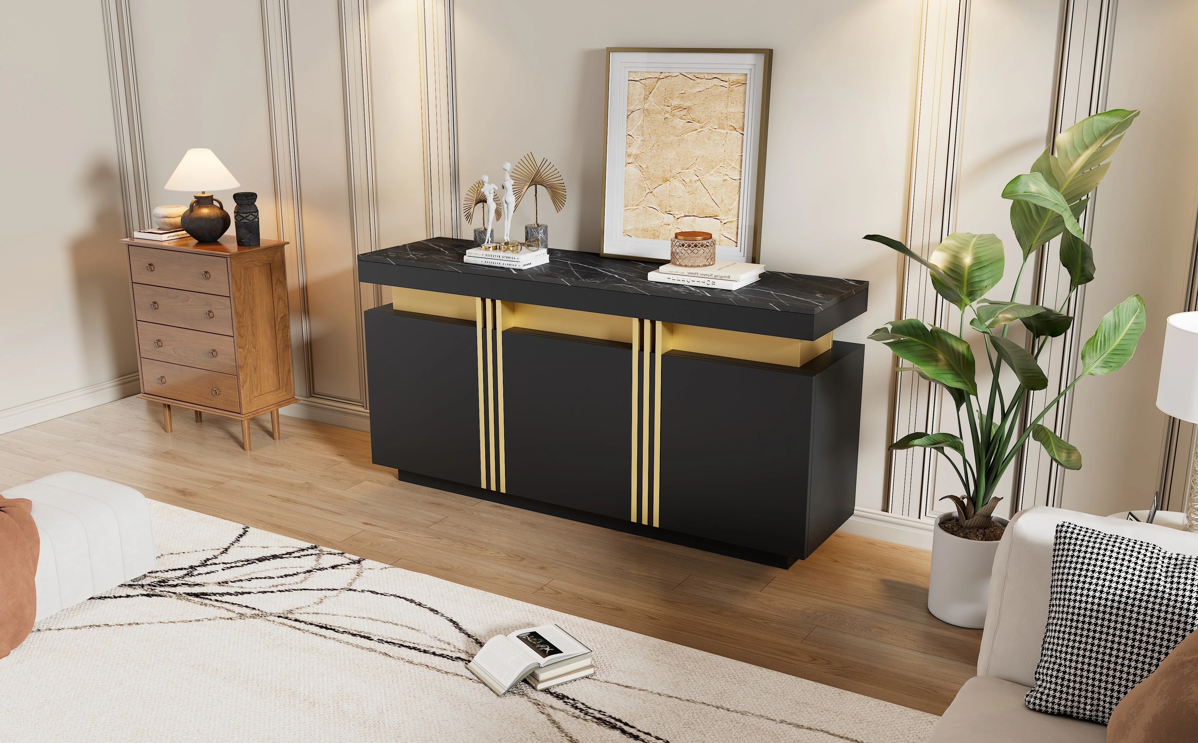 Sideboard, Display Cabinet with 3 Doors, Adjustable Dividers, Black and Gold - Image 10