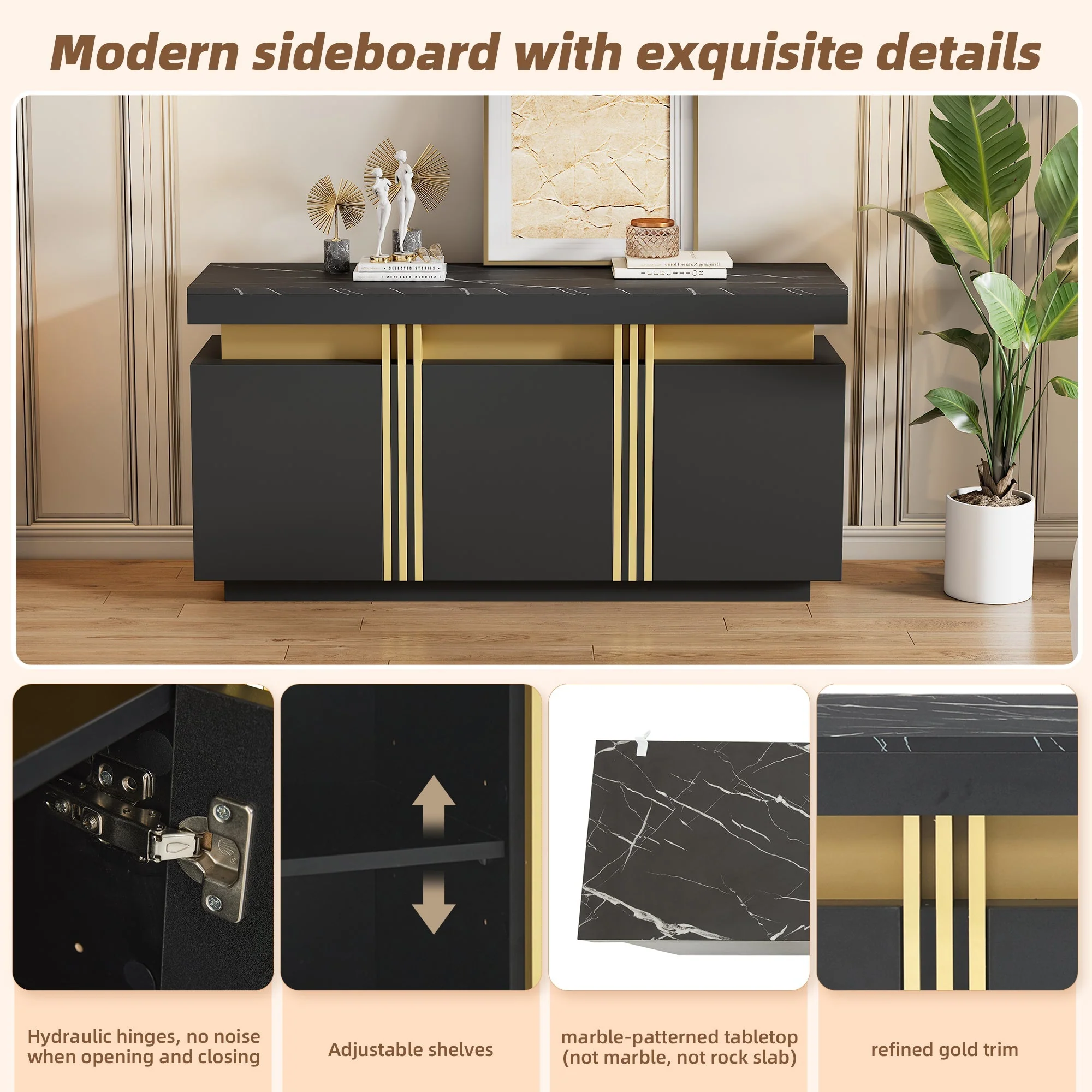 Sideboard, Display Cabinet with 3 Doors, Adjustable Dividers, Black and Gold - Image 3