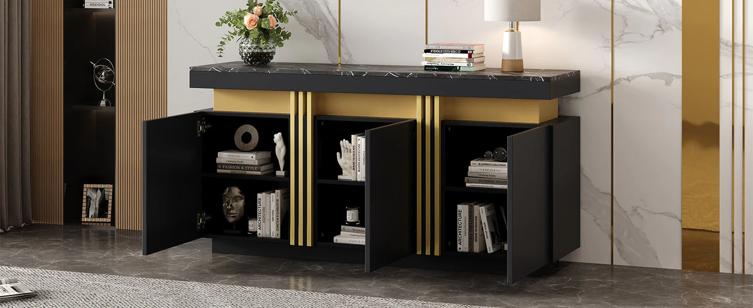 Sideboard, Display Cabinet with 3 Doors, Adjustable Dividers, Black and Gold - Image 7