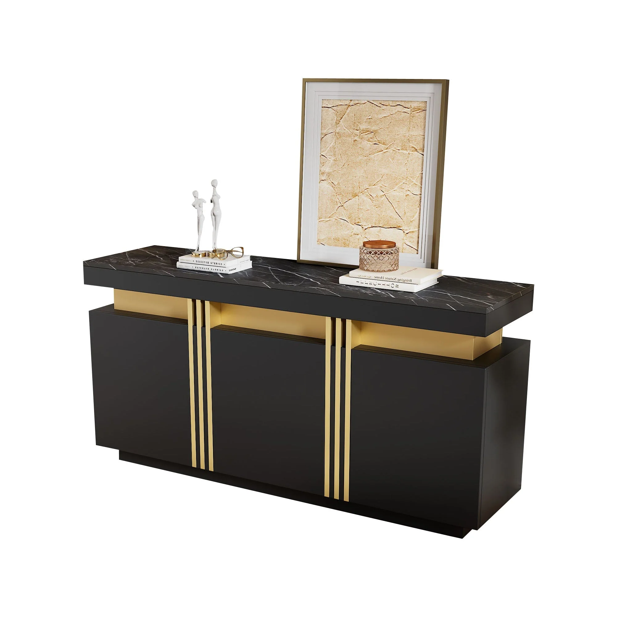 Sideboard, Display Cabinet with 3 Doors, Adjustable Dividers, Black and Gold - Image 9