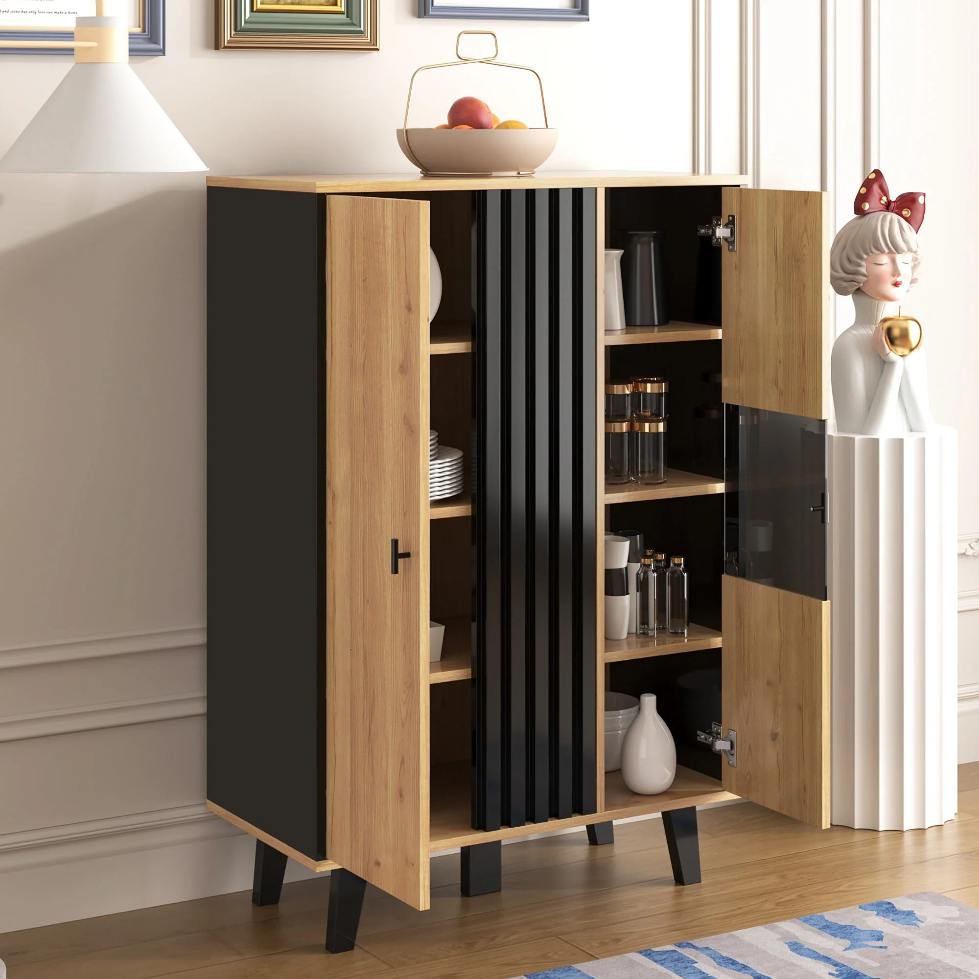 Sideboard, Display Cabinet with Glass and LED Lighting, Black and Wood - Image 5