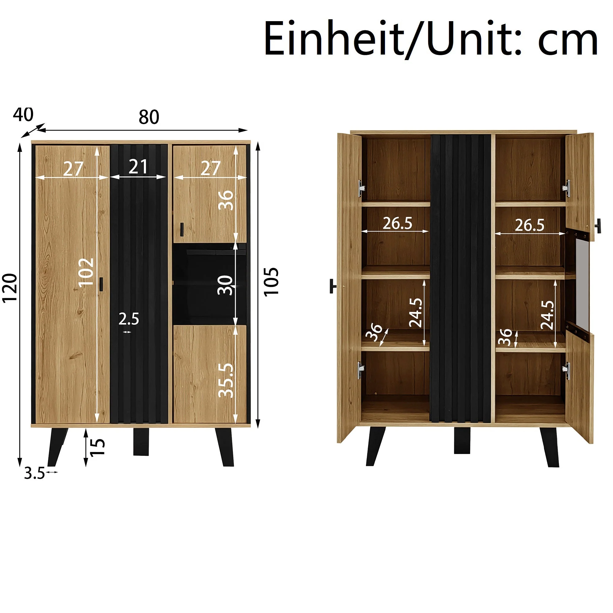 Sideboard, Display Cabinet with Glass and LED Lighting, Black and Wood - Image 9