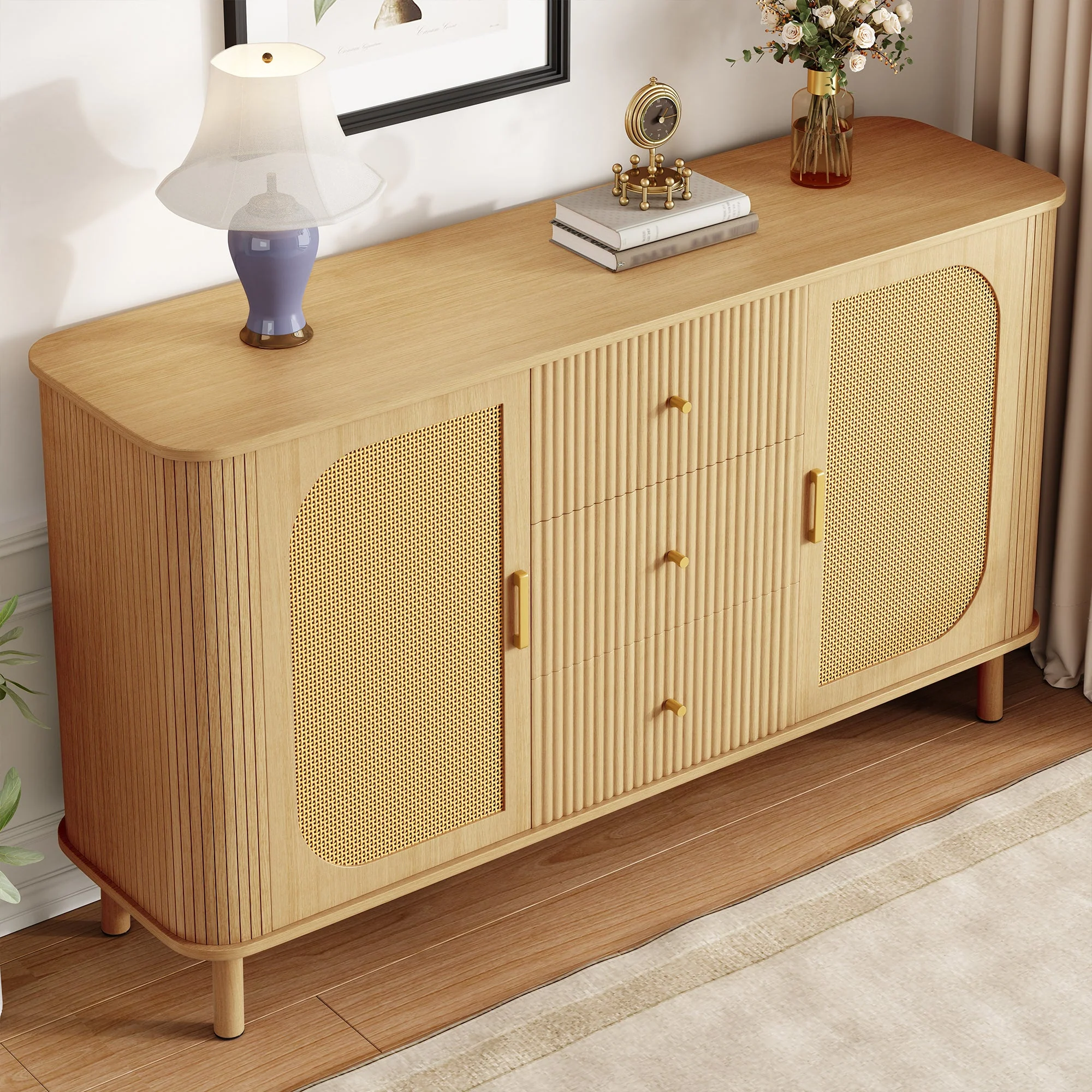 Sideboard, Drawers Shelves Metal Legs, Wood Look - Image 10