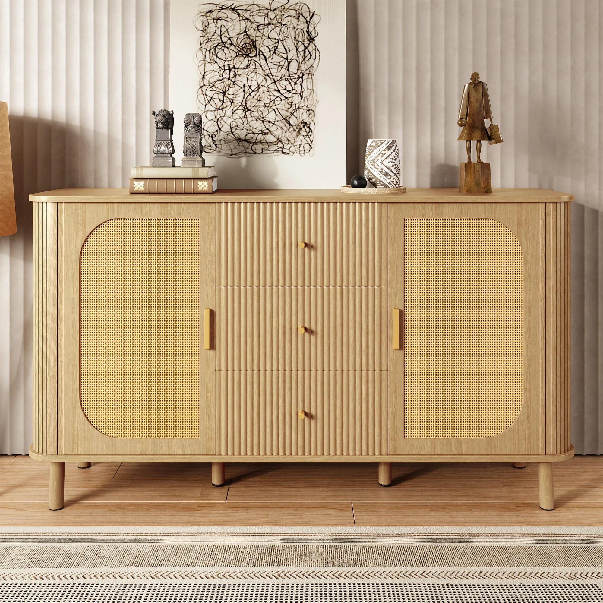 Sideboard, Drawers Shelves Metal Legs, Wood Look - Image 2