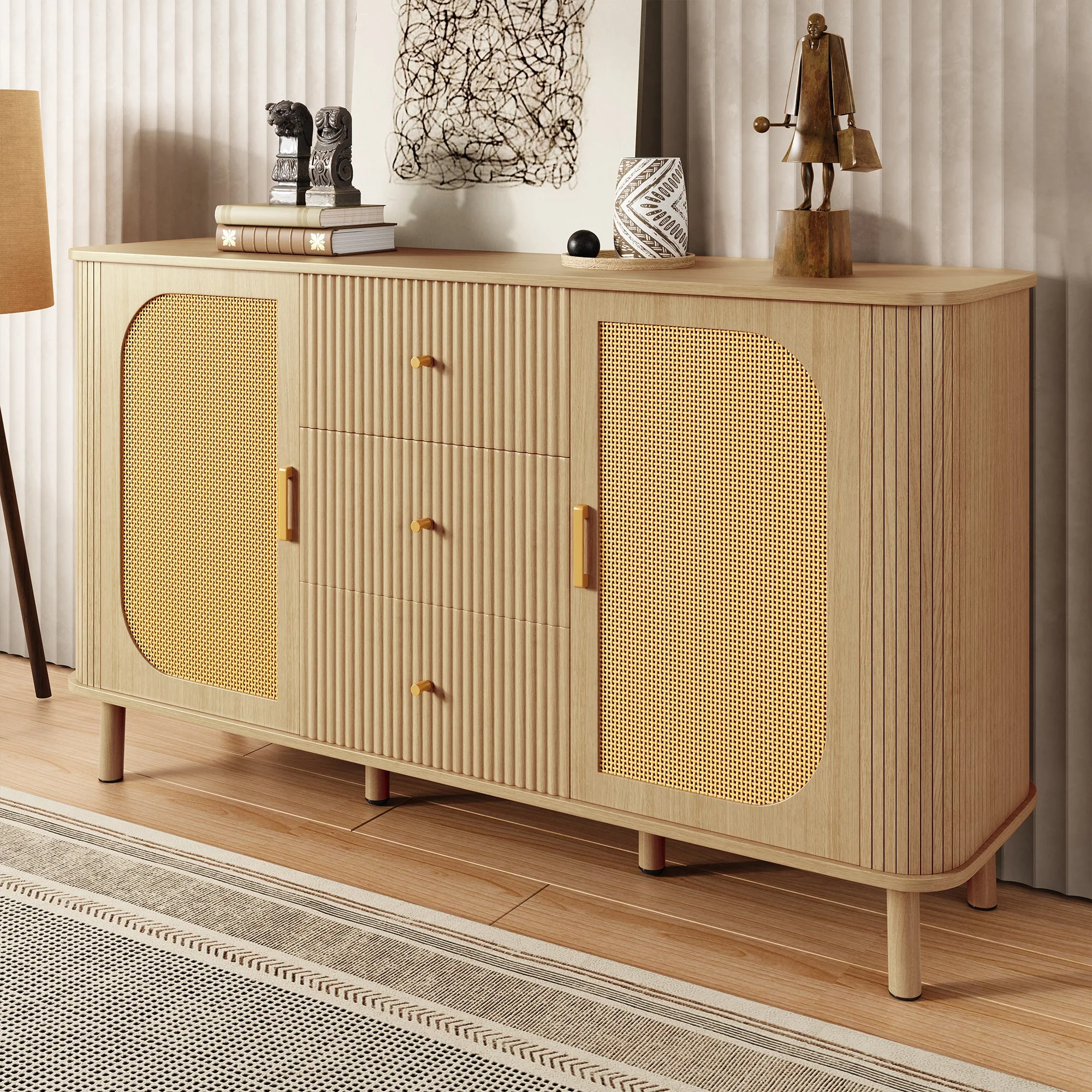 Sideboard, Drawers Shelves Metal Legs, Wood Look - Image 3