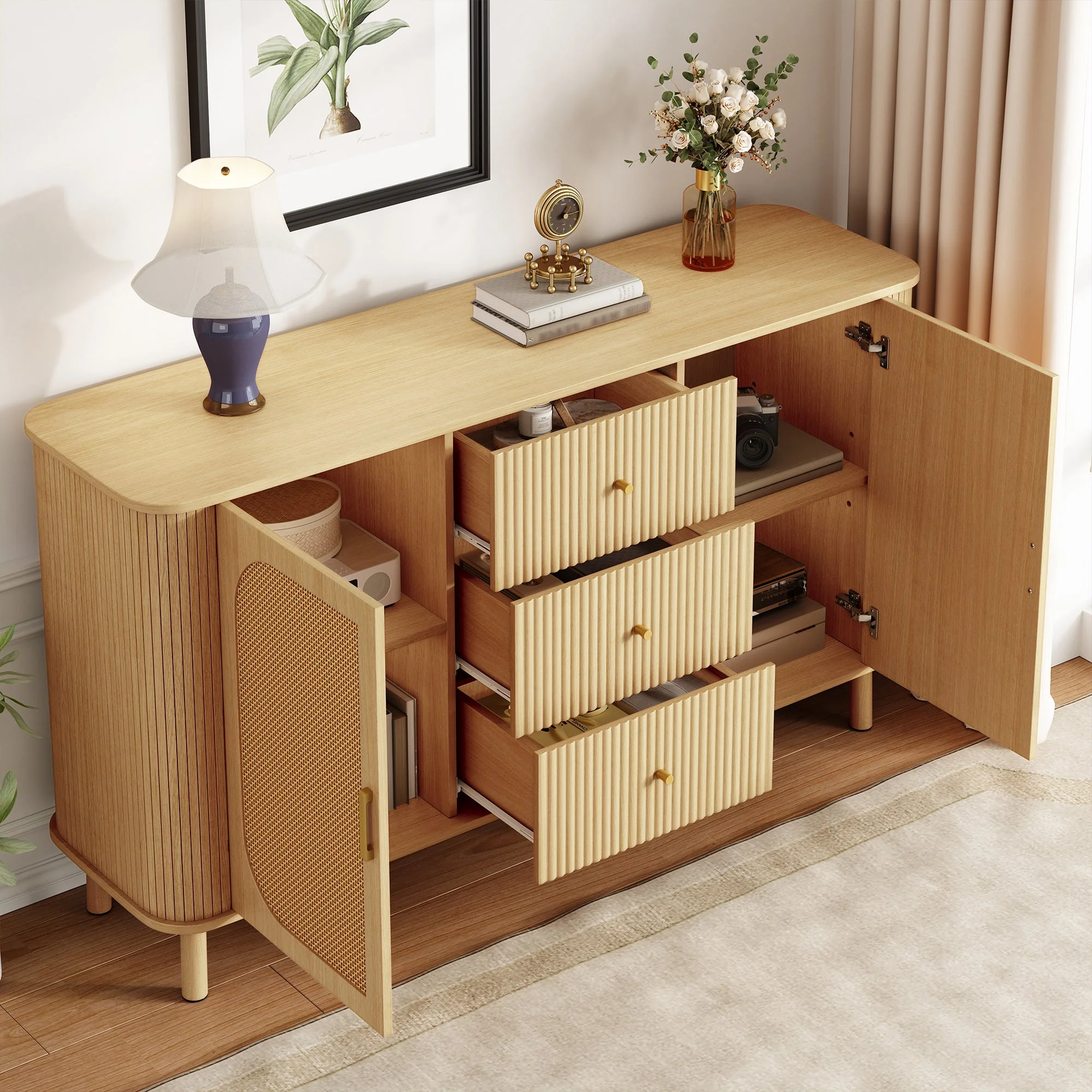Sideboard, Drawers Shelves Metal Legs, Wood Look - Image 7