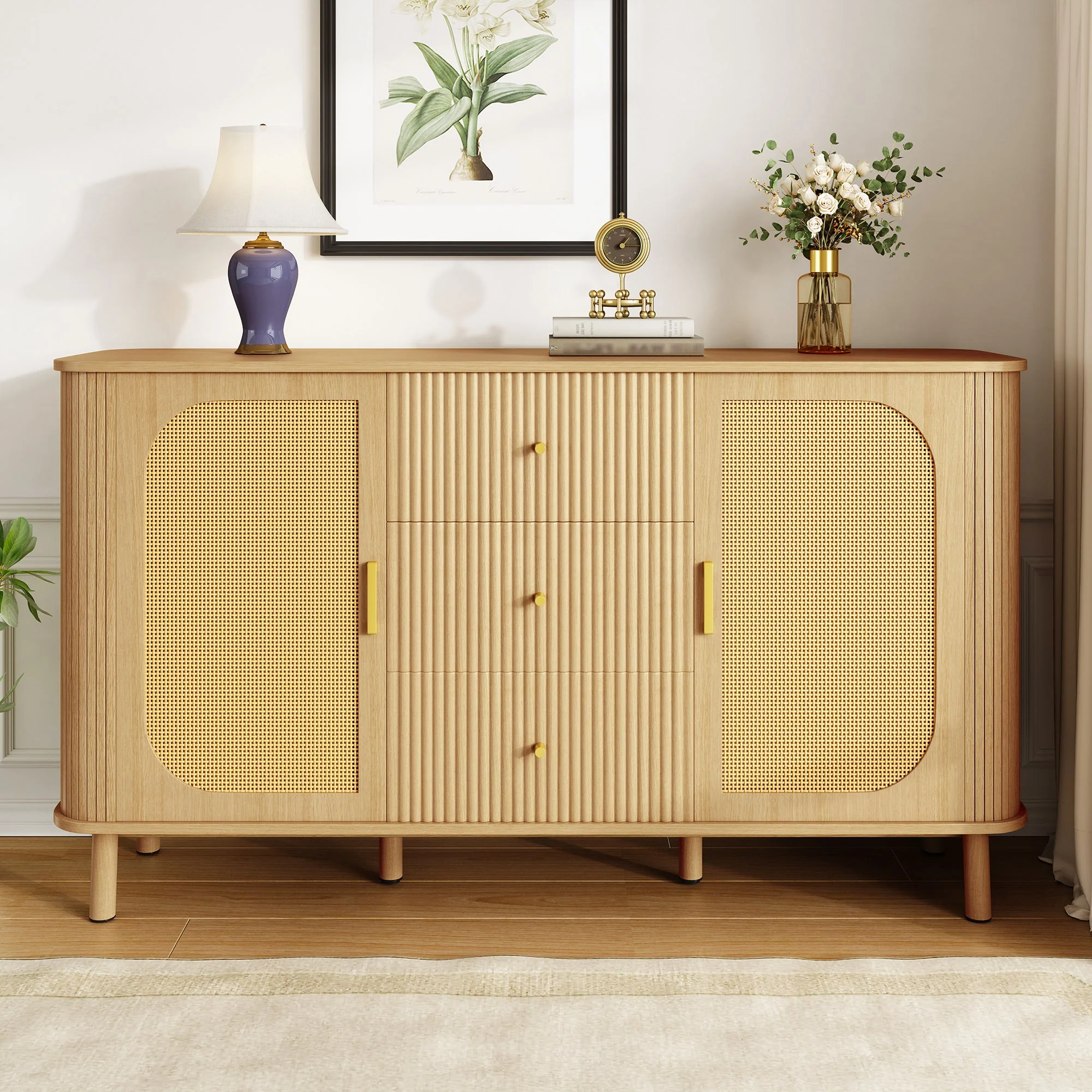 Sideboard, Drawers Shelves Metal Legs, Wood Look - Image 8