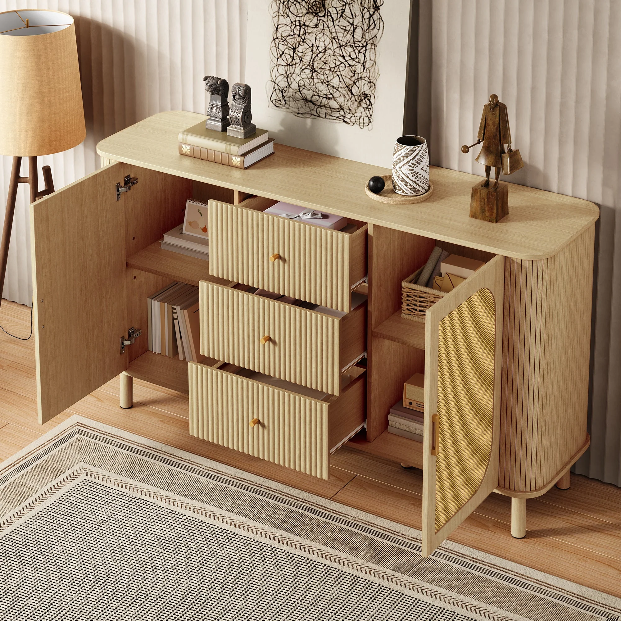 Sideboard, Drawers Shelves Metal Legs, Wood Look - Image 9