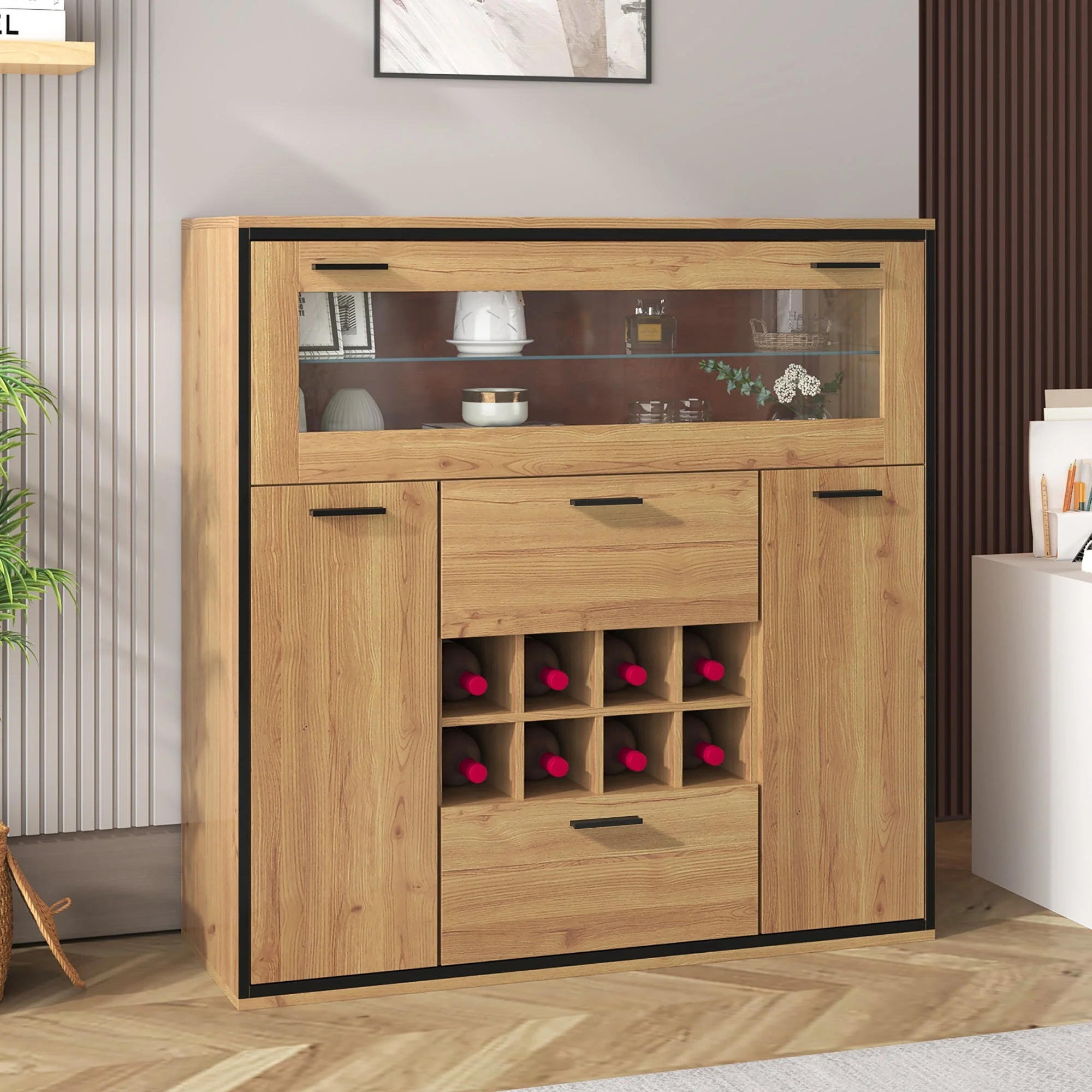Sideboard, Elegant Wine Cabinet with Double Doors, Glass Shelf & Wine Holder - Image 2