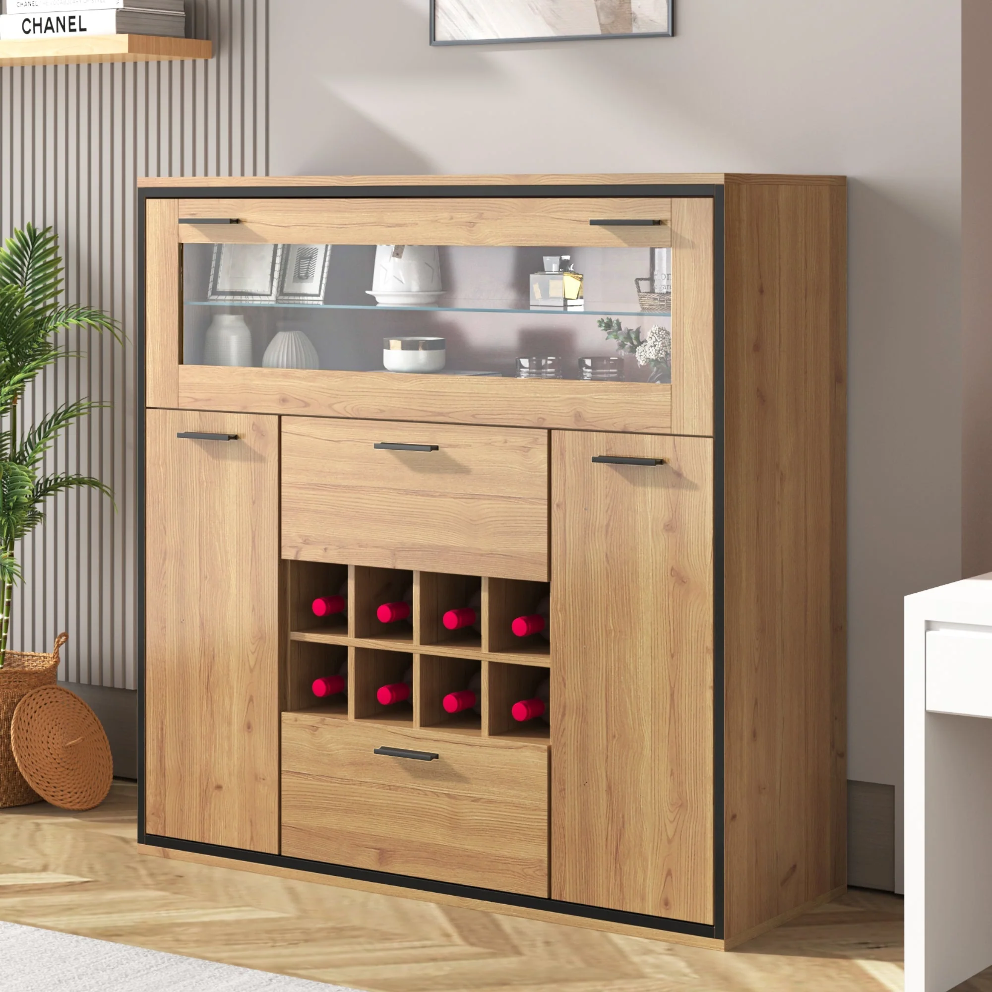 Sideboard, Elegant Wine Cabinet with Double Doors, Glass Shelf & Wine Holder - Image 3