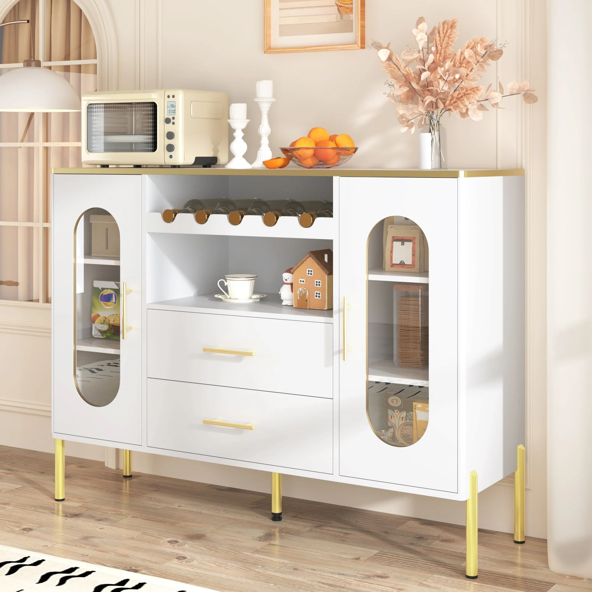 Sideboard, Glass Fronts & Wine Rack, White - Image 3