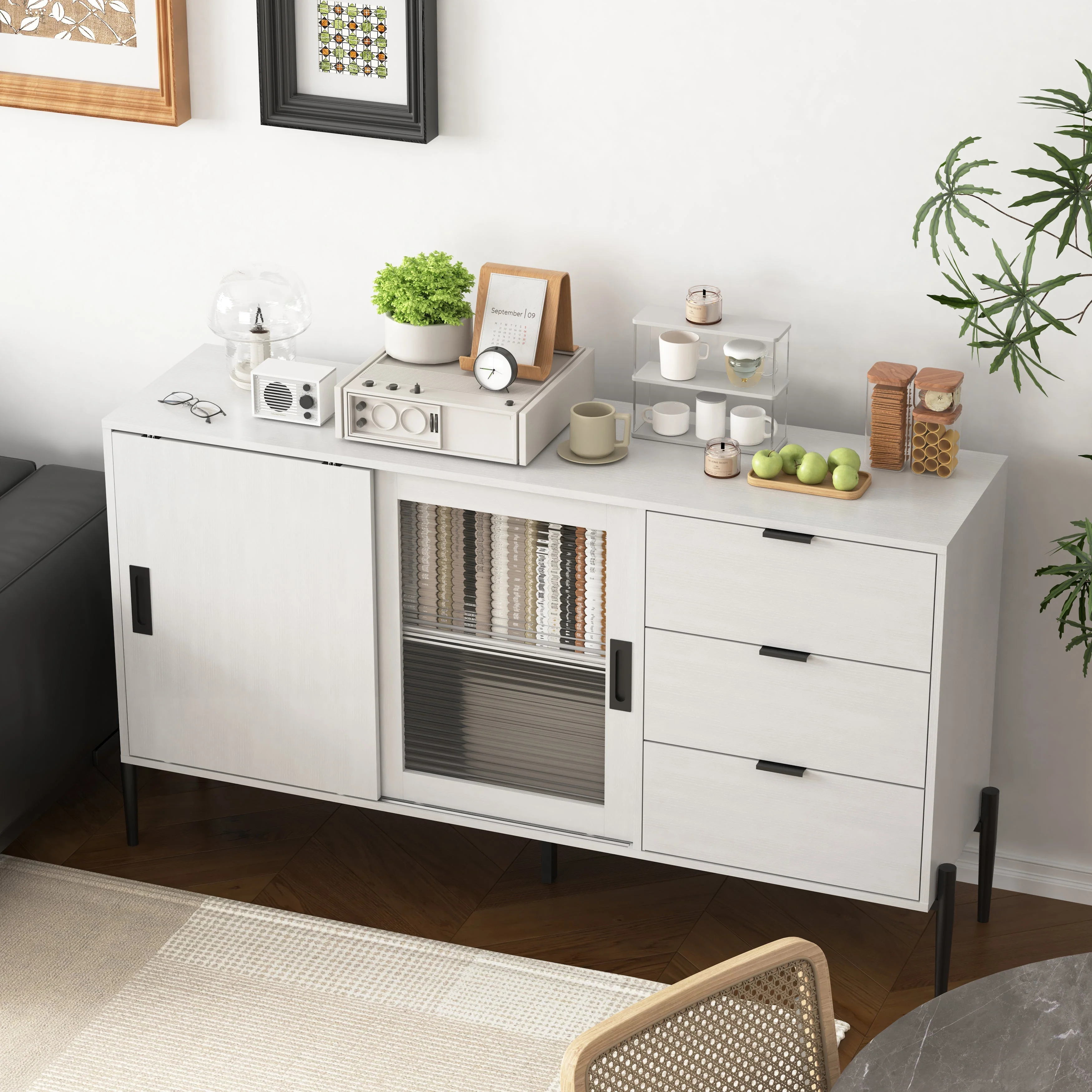 Sideboard Glass Sliding Door 3 Drawers Console Table - White - Image 5
