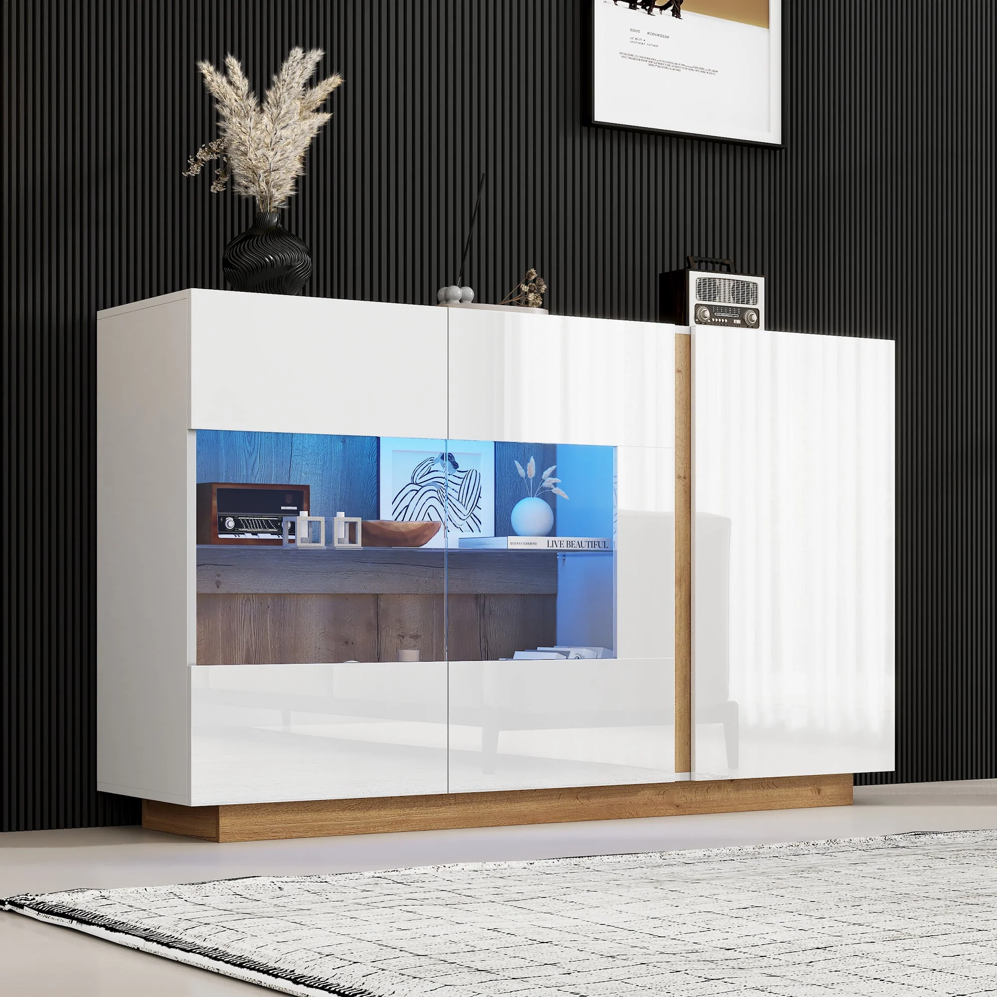 Sideboard High Gloss Chest of Drawers, White Chipboard with Glass - Image 4