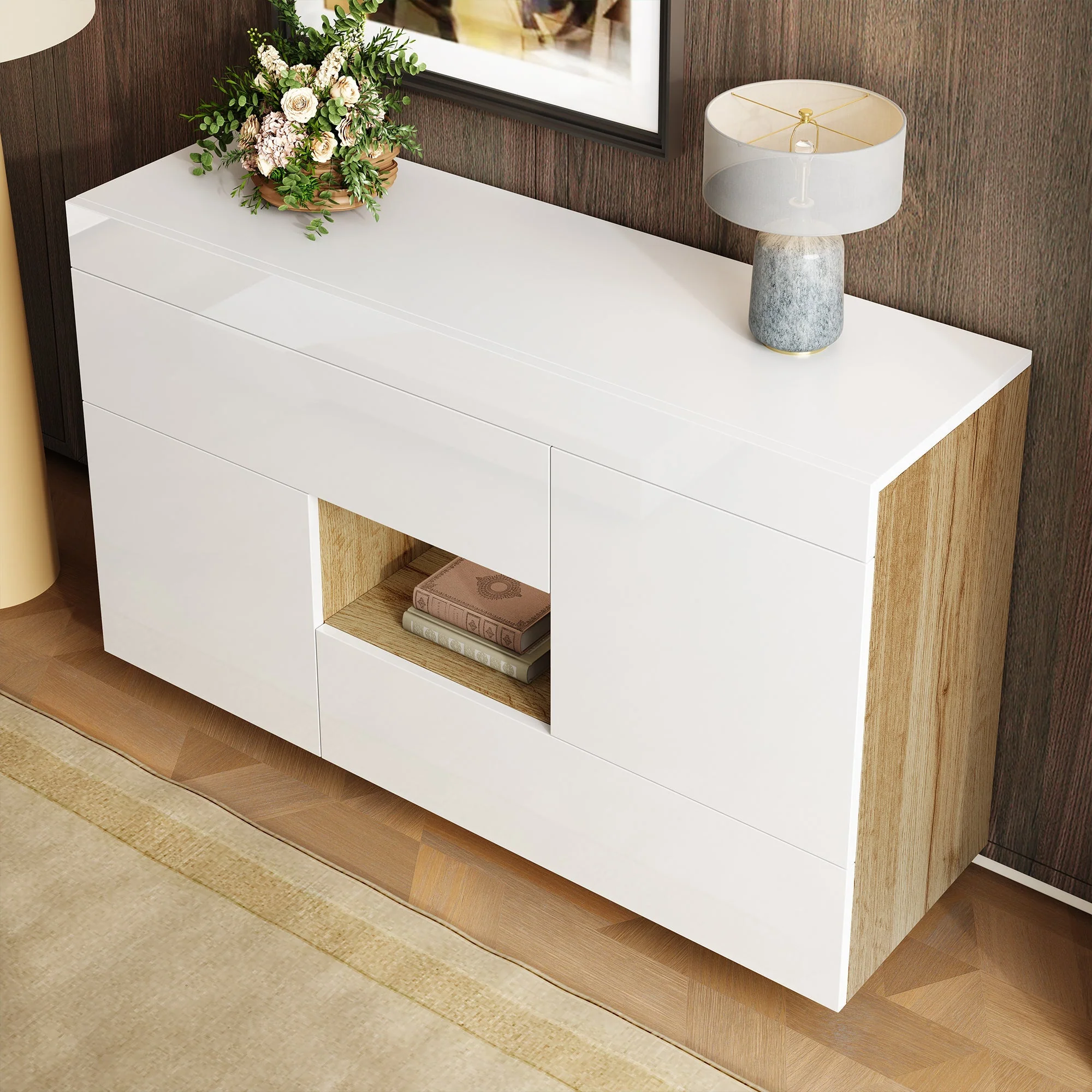 Sideboard, High-Gloss Display Cabinet with LED Lighting & Drawers, White - Image 3