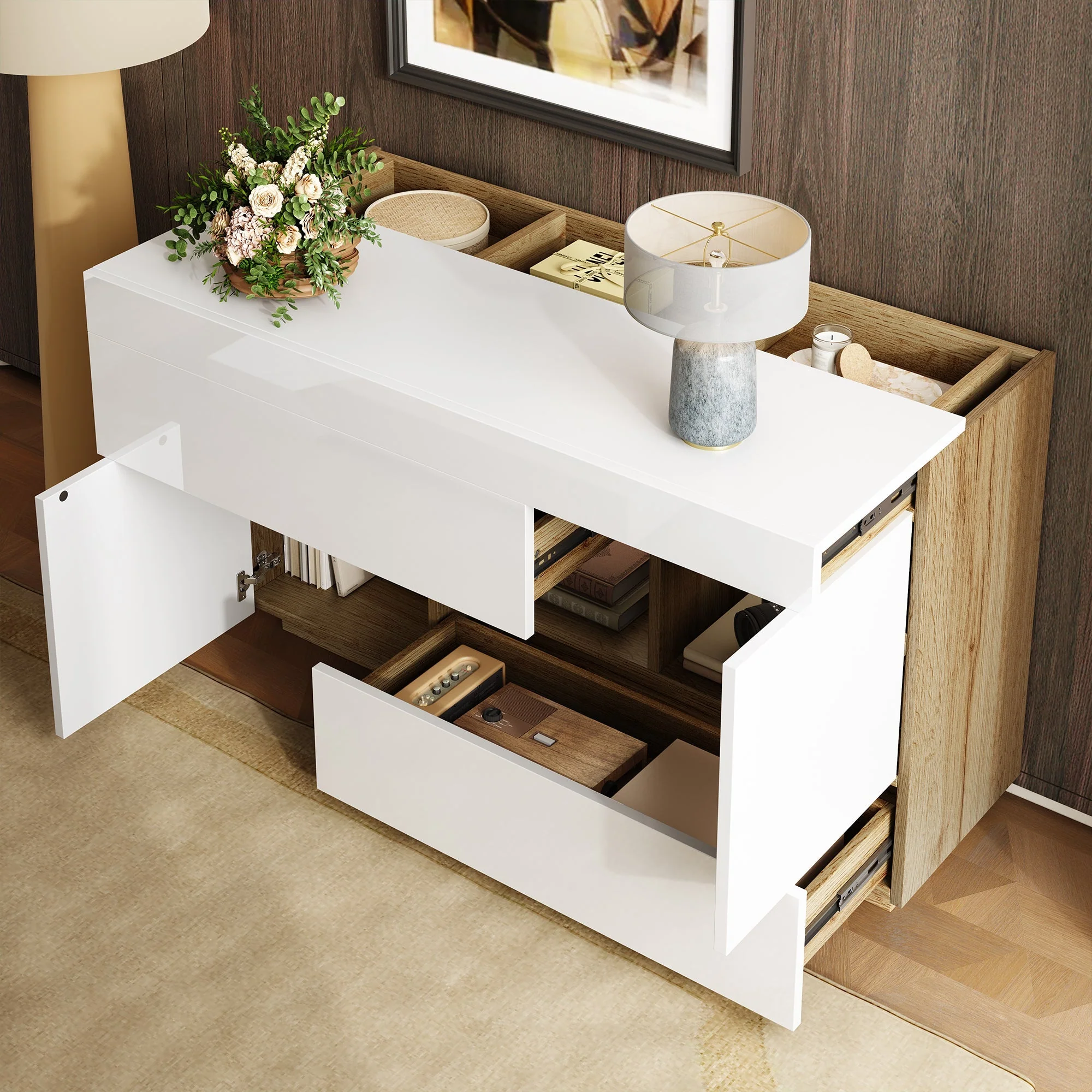 Sideboard, High-Gloss Display Cabinet with LED Lighting & Drawers, White - Image 4