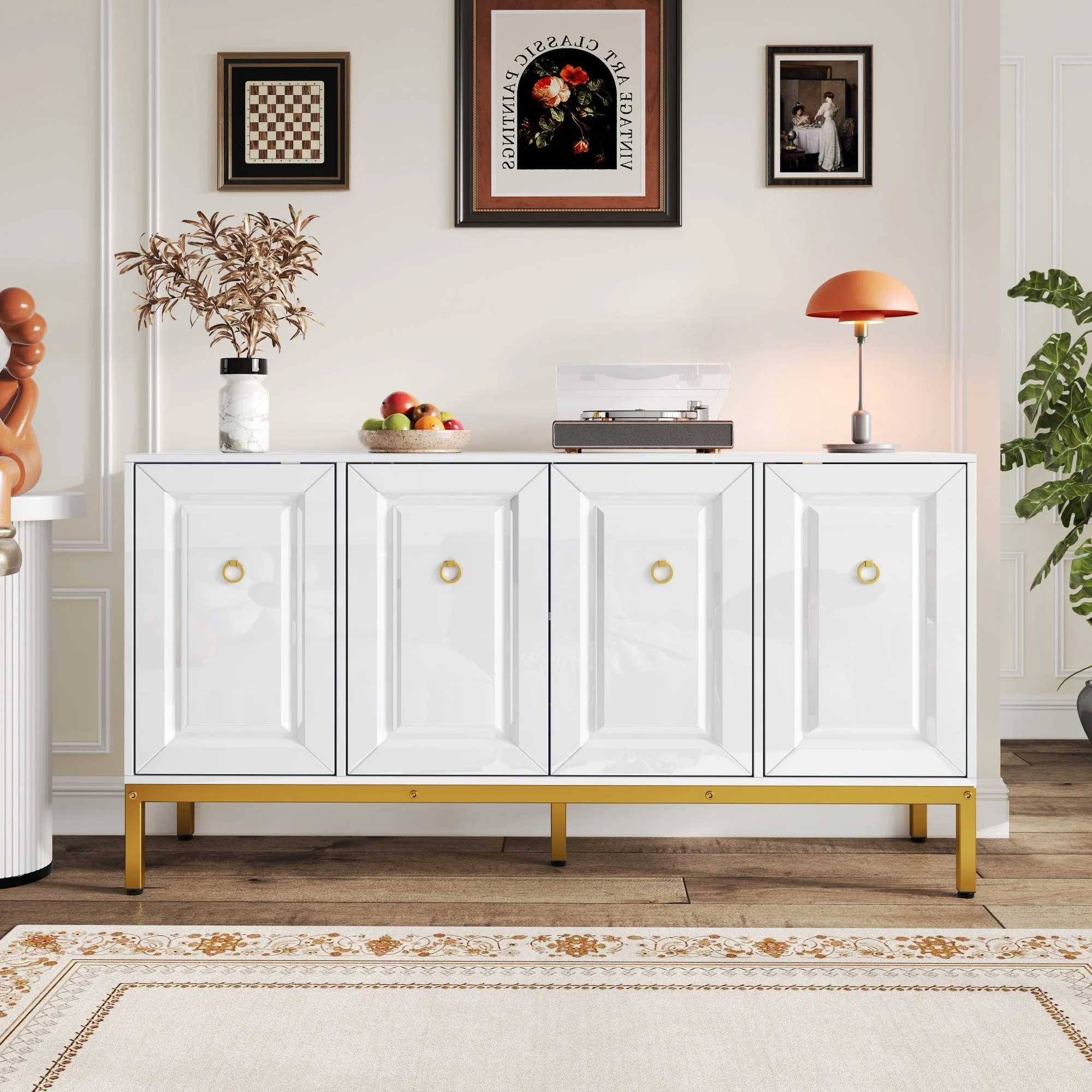 Sideboard, High-Gloss Storage Unit with Shelves, Gold Handles and Legs, White - Image 7