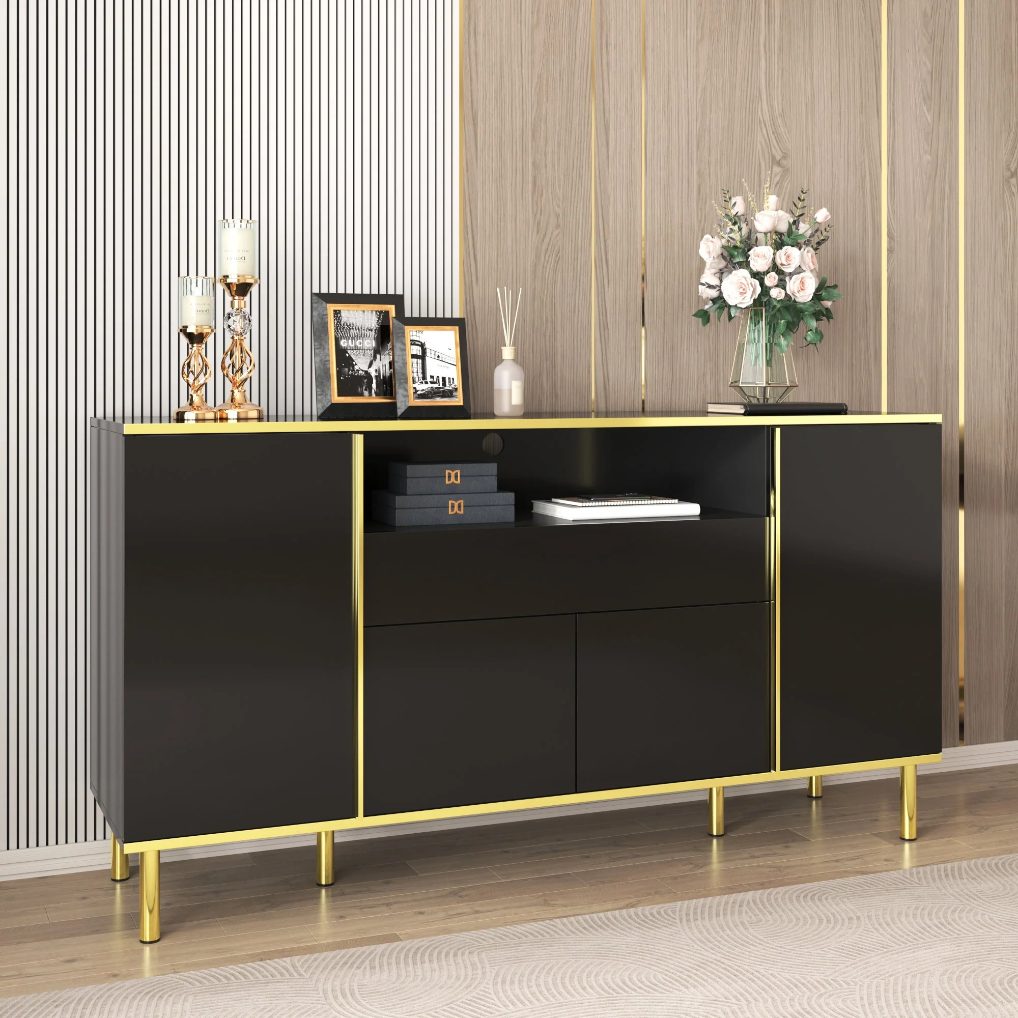 Sideboard, High-Gloss with 1 Drawer, Black - Image 3