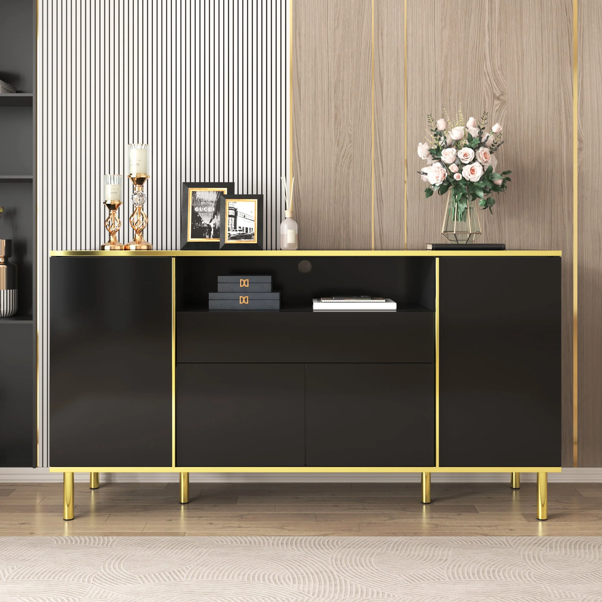 Sideboard, High-Gloss with 1 Drawer, Black - Image 4