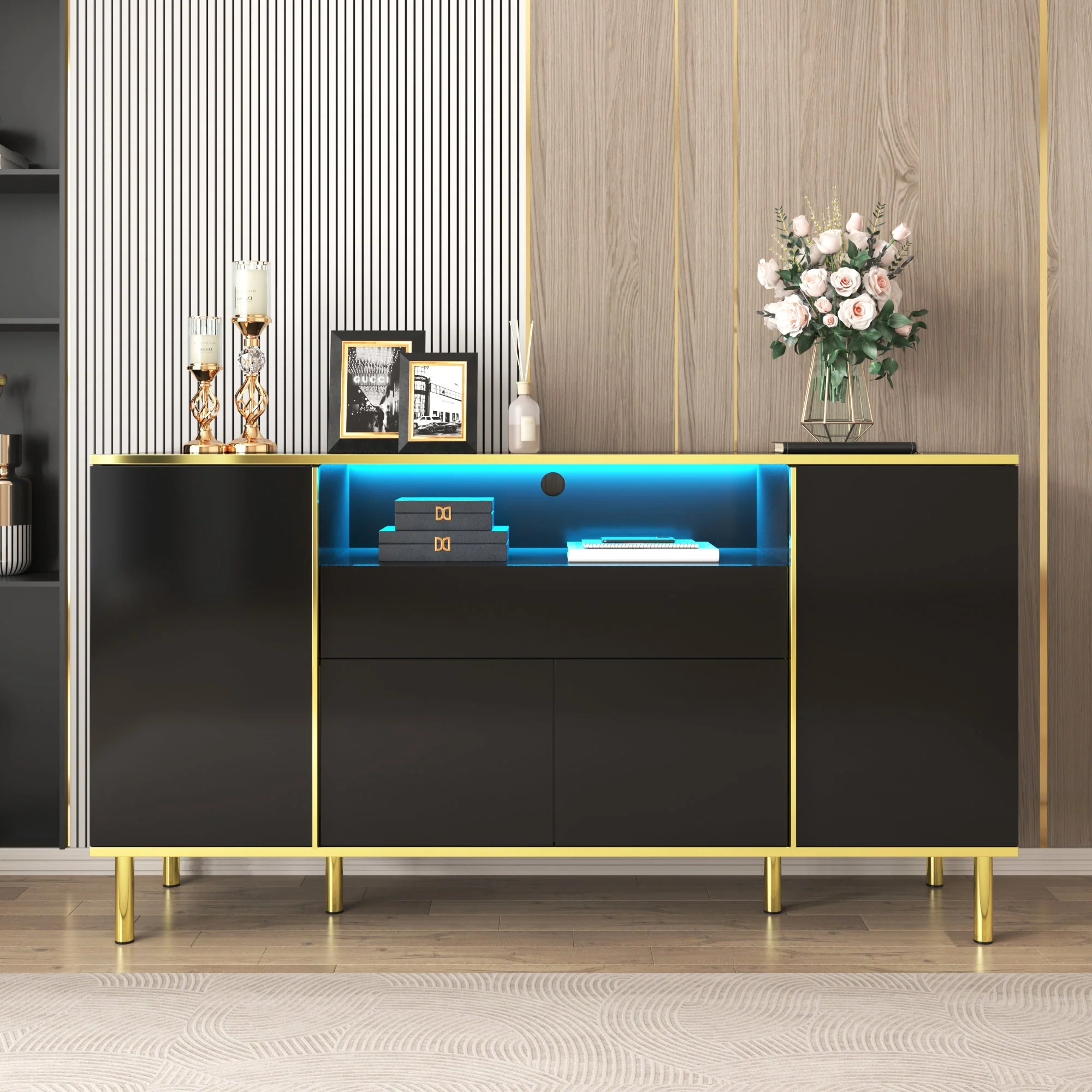 Sideboard, High-Gloss with 1 Drawer, Black - Image 5