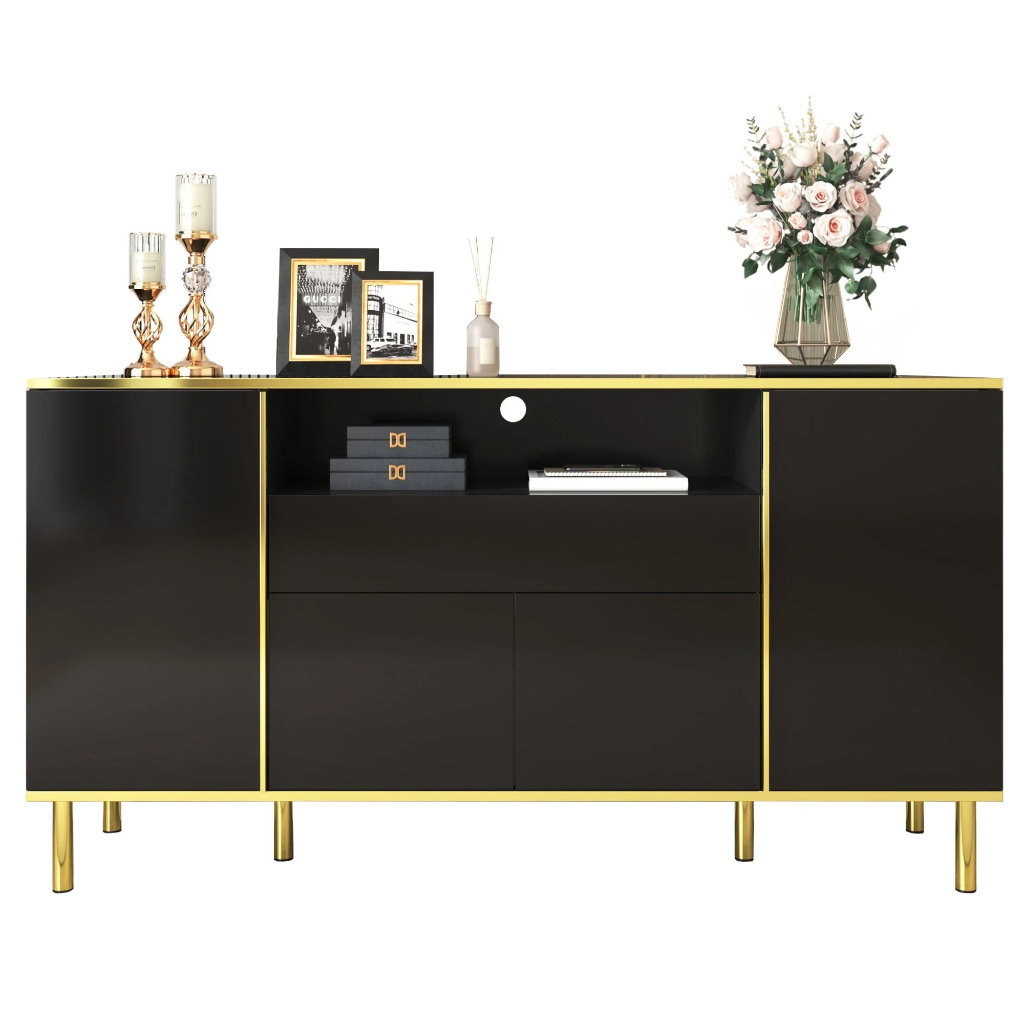 Sideboard, High-Gloss with 1 Drawer, Black - Image 9
